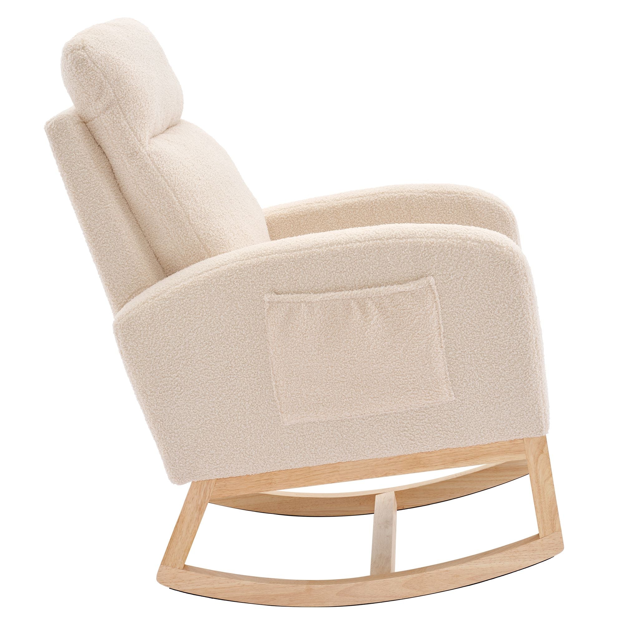 Modern Upholstered Rocking Chair with Solid Wood Legs, High Backrest, Side Pocket, and Comfy Armrests – Nursery Glider and Living Room Accent Chair