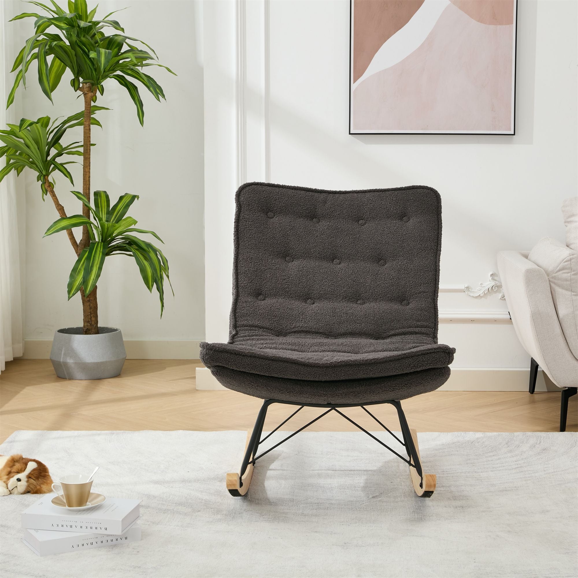 Armless Upholstered Lounge Chair with Wide Backrest and Wooden Rocking Base – Comfortable and Stylish