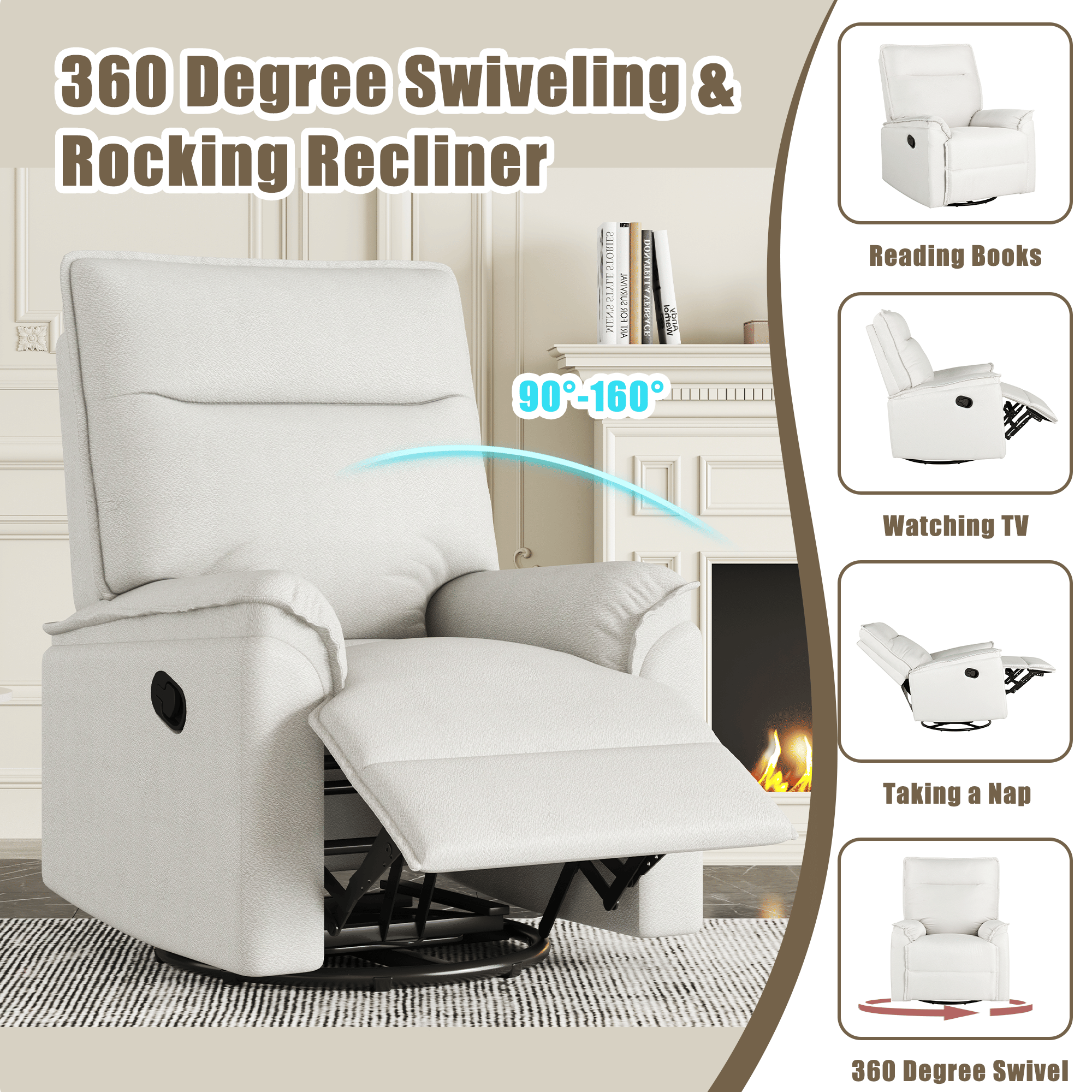 360 Degree Swivel Upholstered Manual Recliner Chair Theater Recliner Sofa Nursery Glider Rocker for Living Room