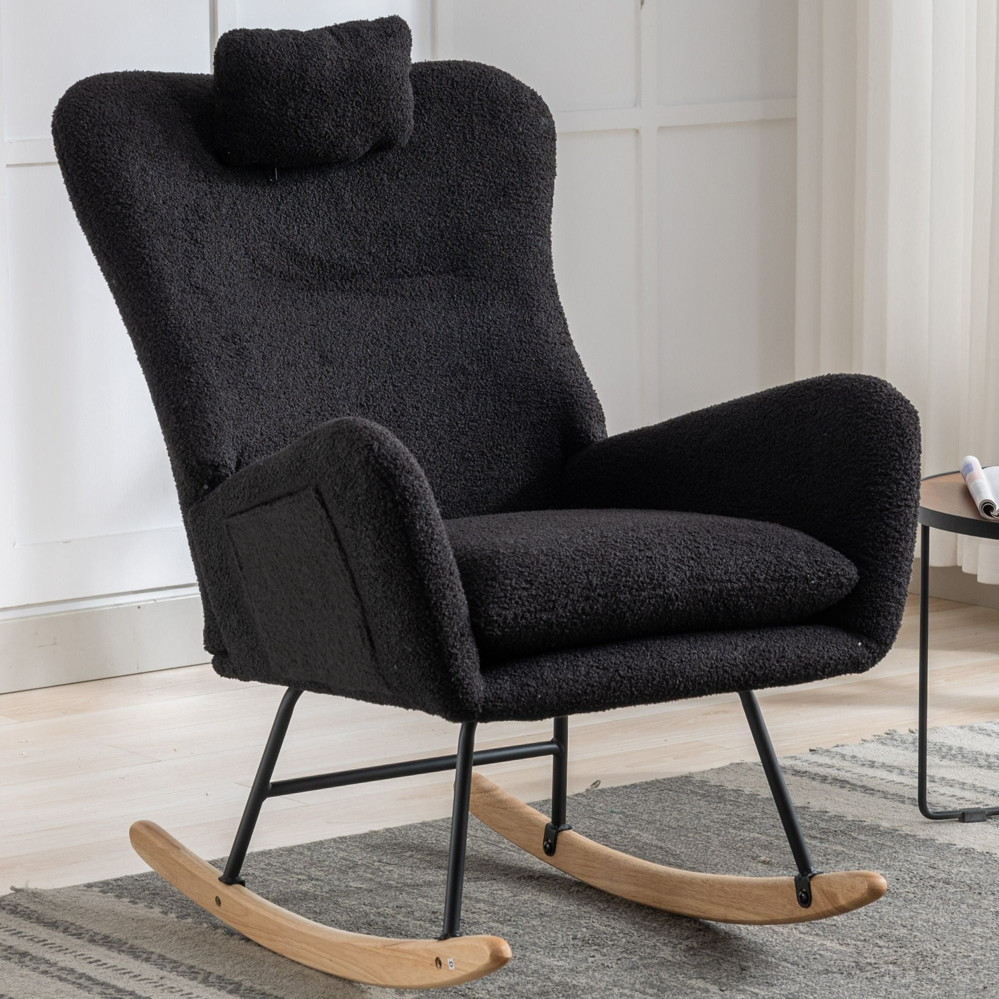 35.5-Inch Teddy Fabric Rocking Chair with Pocket – Safe Solid Wood Base