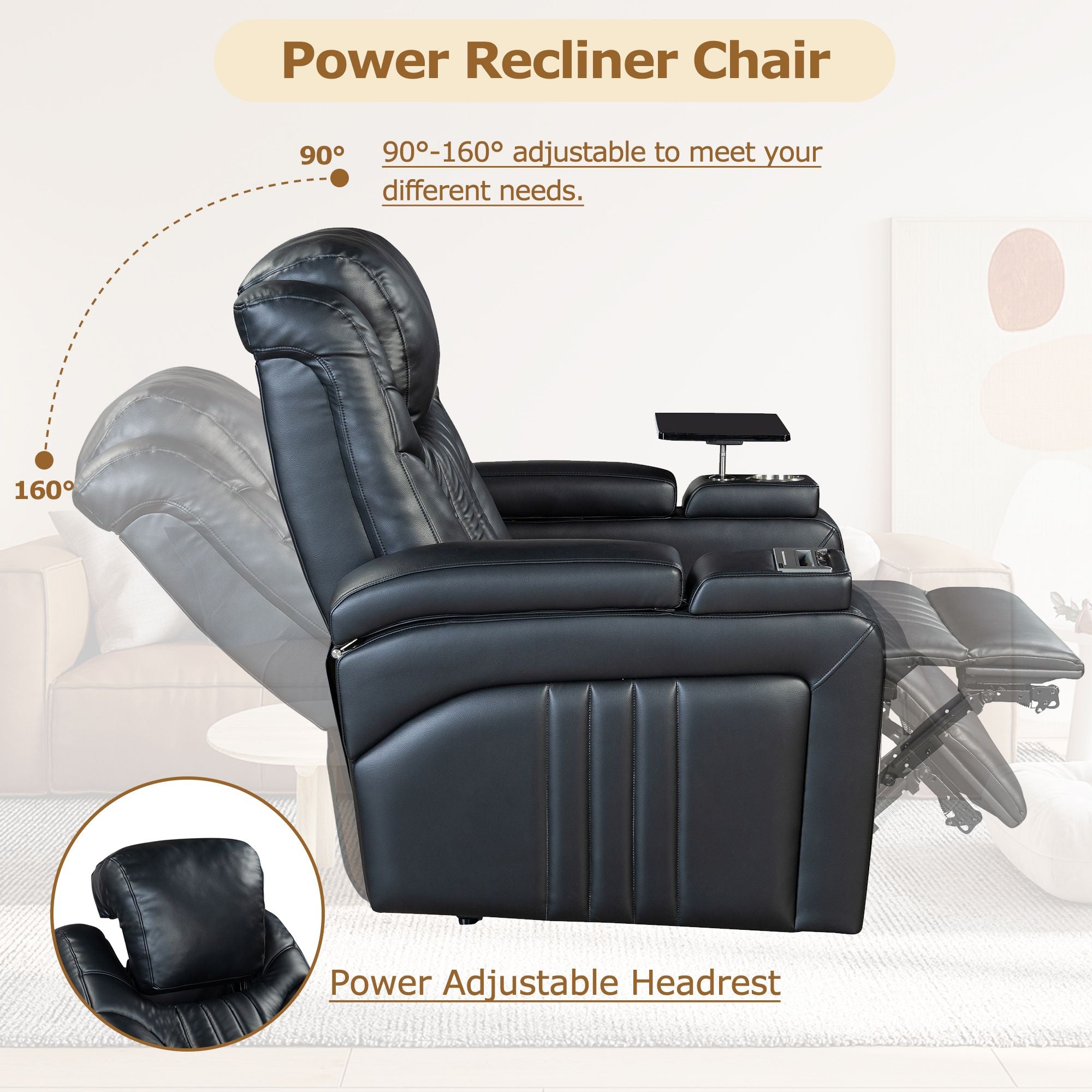 PU Leather Power Recliner with Adjustable Headrest, Wireless Charging, USB, Storage, Cup Holder & Tray
