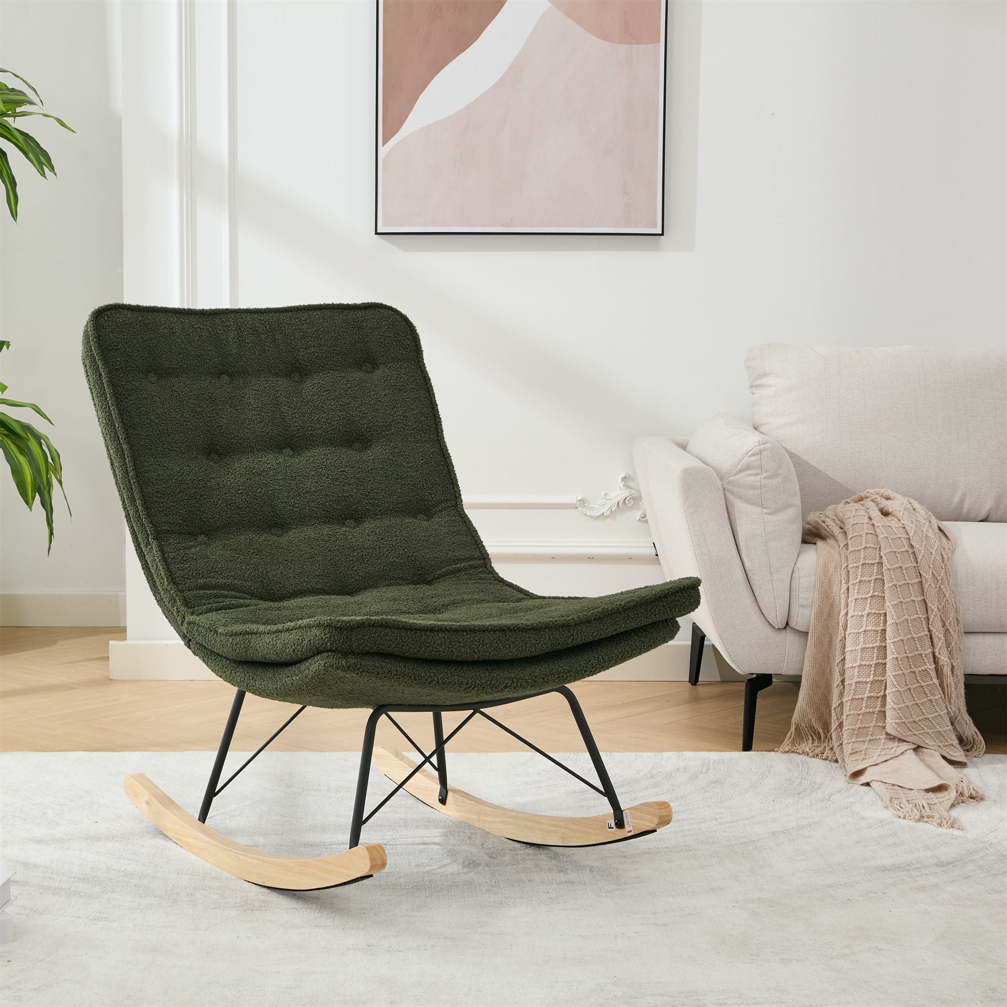 Armless Upholstered Lounge Chair with Wide Backrest and Wooden Rocking Base – Comfortable and Stylish