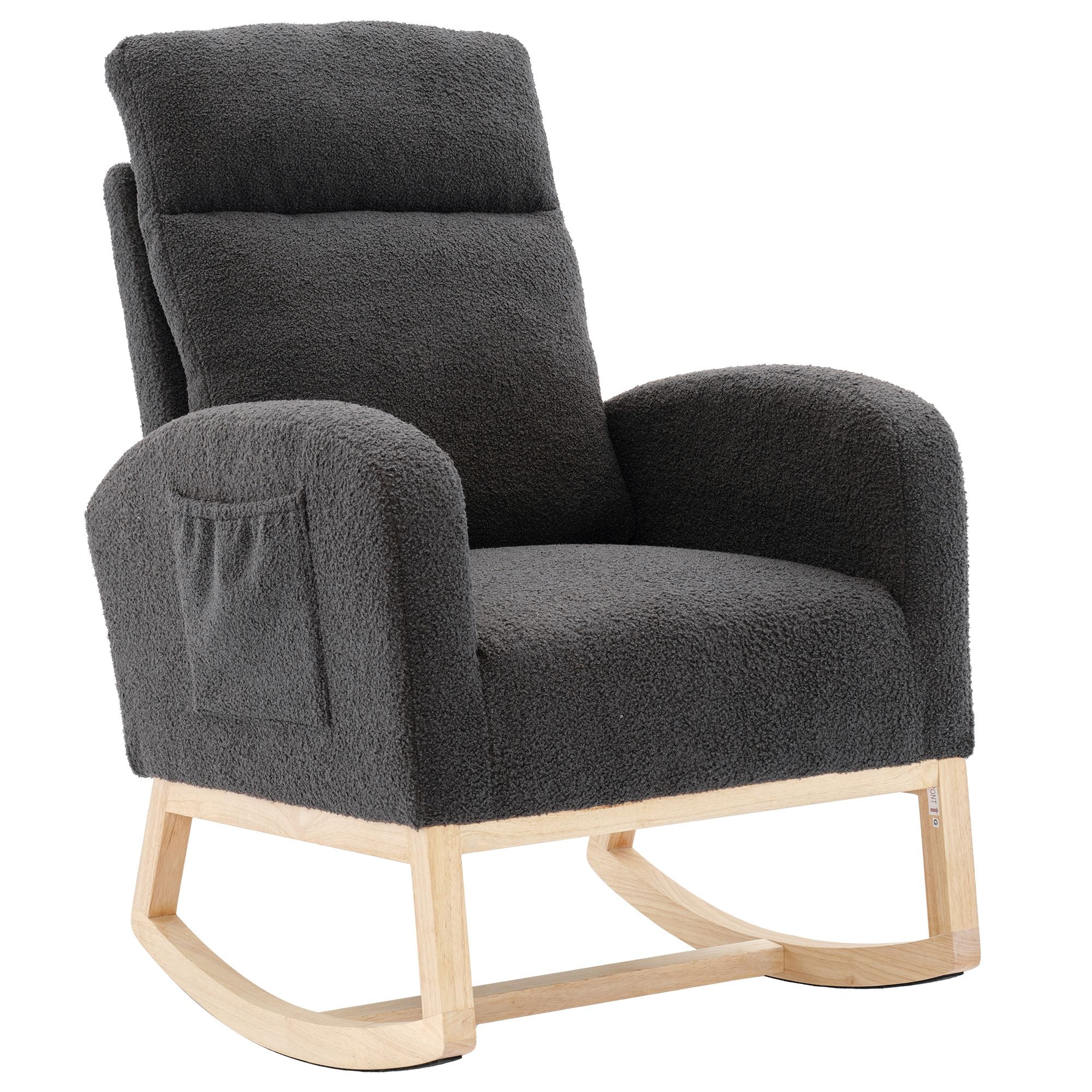 Modern Upholstered Rocking Chair with Solid Wood Legs, High Backrest, Side Pocket, and Comfy Armrests – Nursery Glider and Living Room Accent Chair
