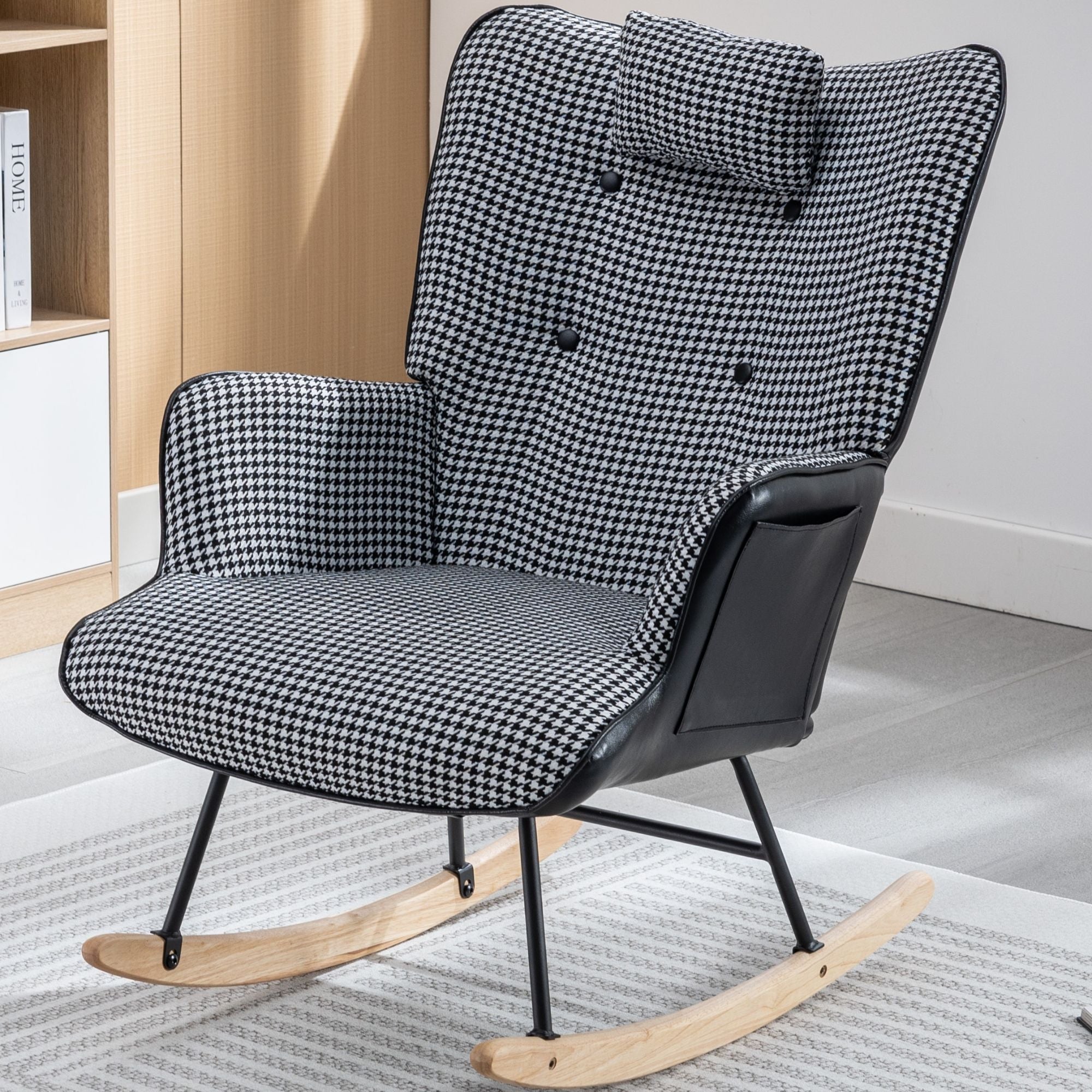 35.5-Inch Rocking Chair, Cozy Reading Chair with Houndstooth and Leather Upholstery, Comfortable Wingback Glider for Nursery, Living Room, Bedroom, or Balcony