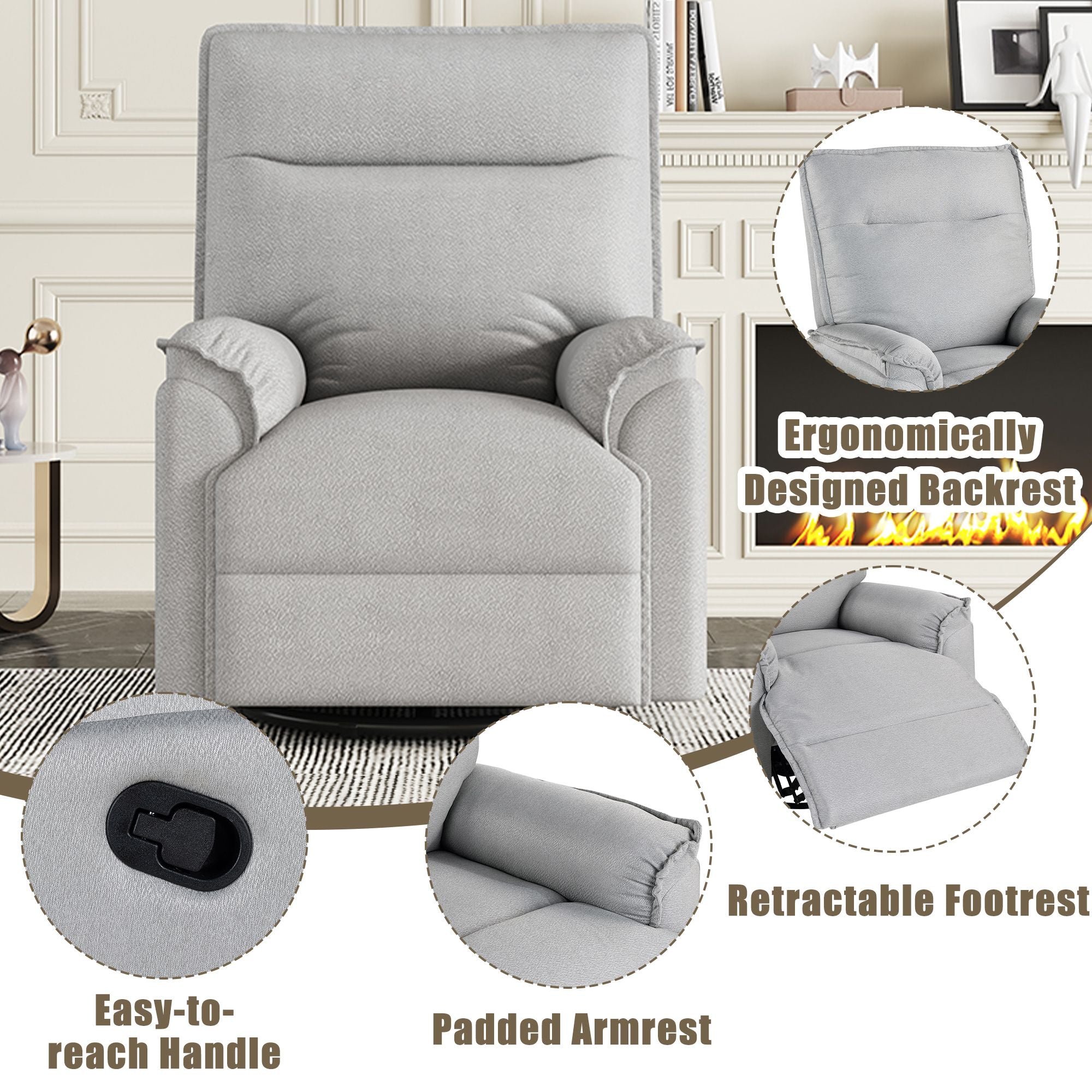 360 Degree Swivel Upholstered Manual Recliner Chair Theater Recliner Sofa Nursery Glider Rocker for Living Room