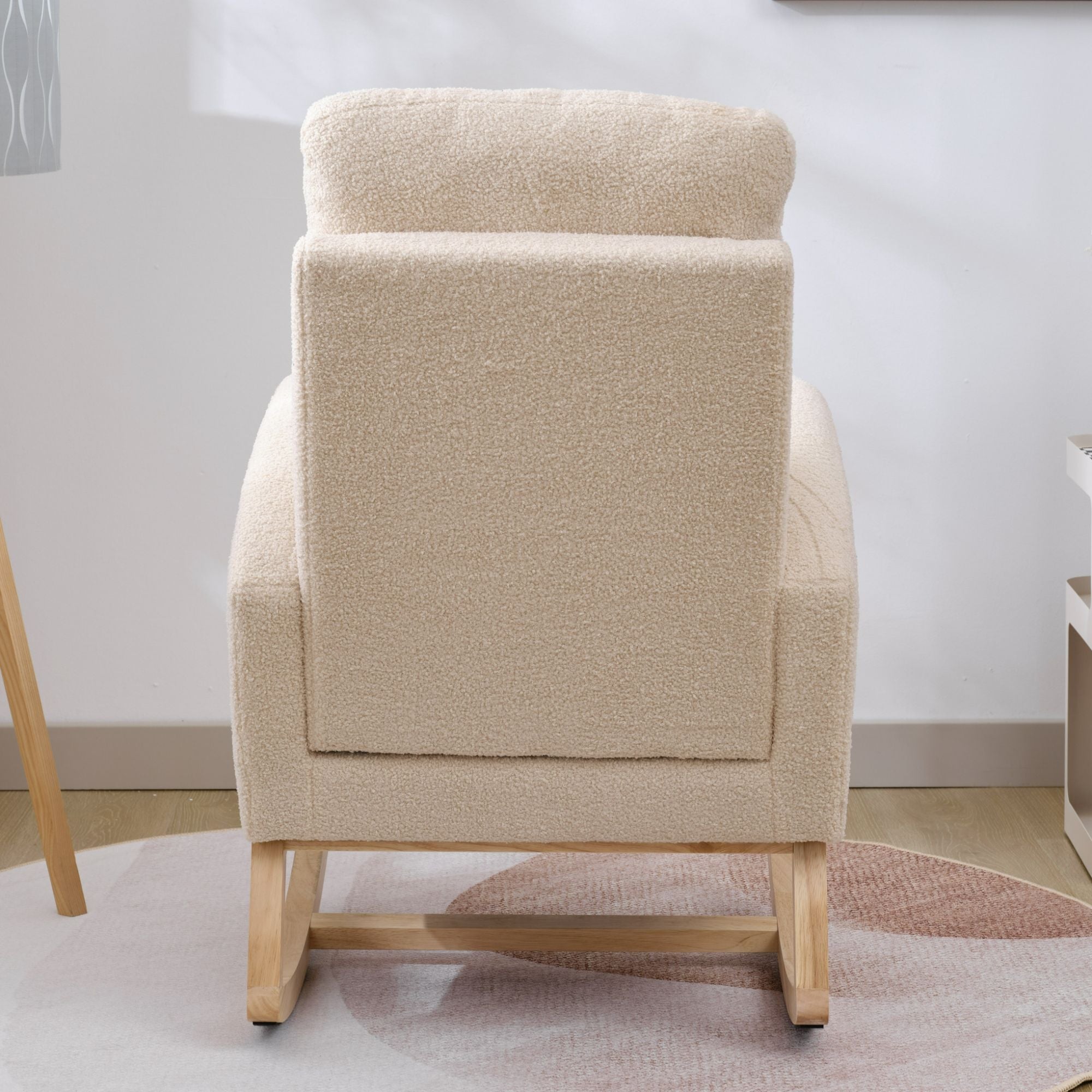 Modern Upholstered Rocking Chair with Solid Wood Legs, High Backrest, Side Pocket, and Comfy Armrests – Nursery Glider and Living Room Accent Chair