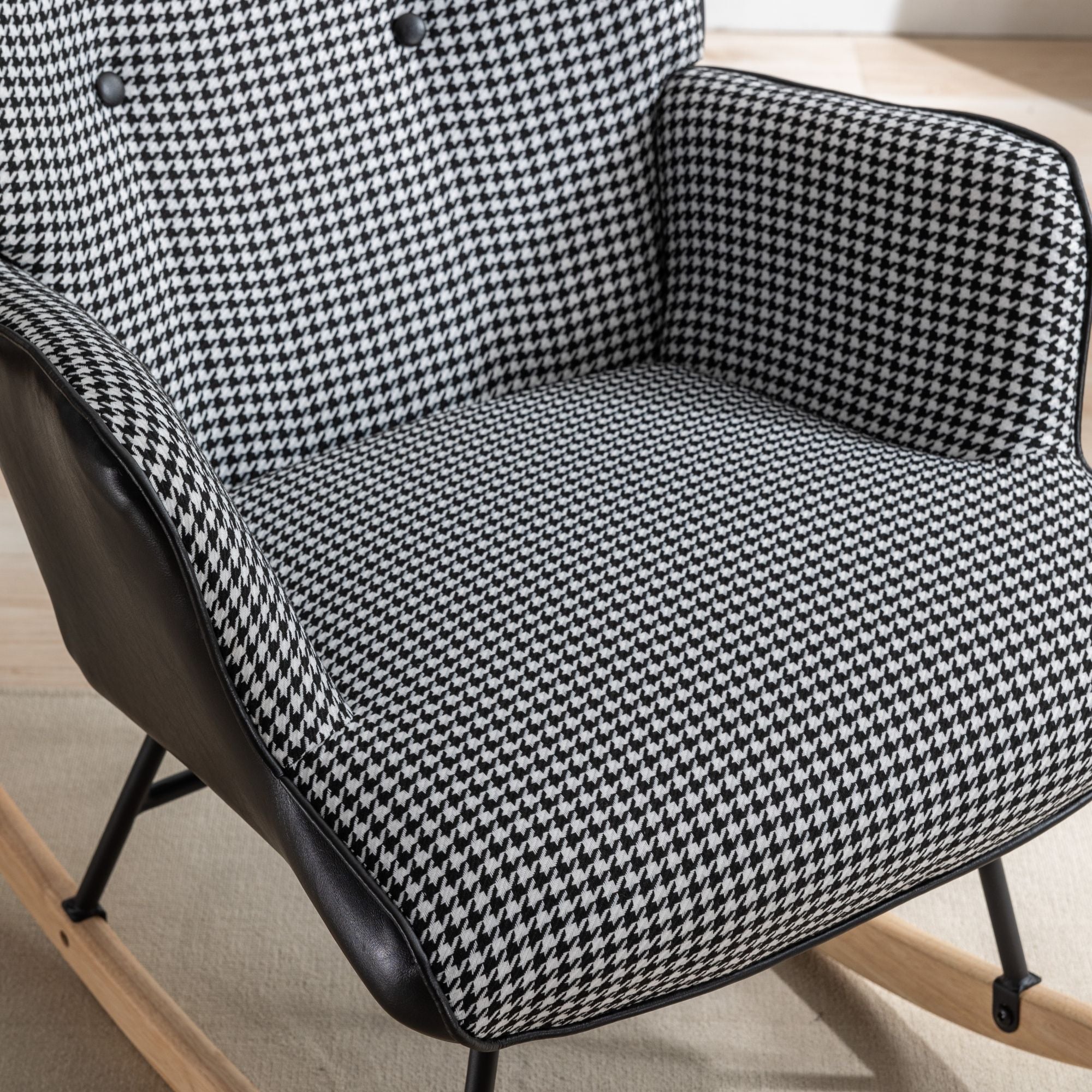 35.5-Inch Rocking Chair, Cozy Reading Chair with Houndstooth and Leather Upholstery, Comfortable Wingback Glider for Nursery, Living Room, Bedroom, or Balcony