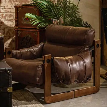 Wide Oil Wax Leather Accent Chair – Solid Wood Upholstered Lounge Chair, American Vintage Retro Design with Deep Seat & Plush Cotton Comfort