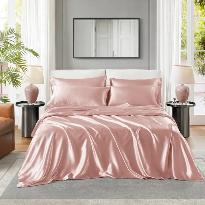Luxury Satin 6-Piece Sheet Set – Silky Smooth, Wrinkle-Free, OEKO-TEX Certified, Blush Pink (Full, Queen, King, Cal King)