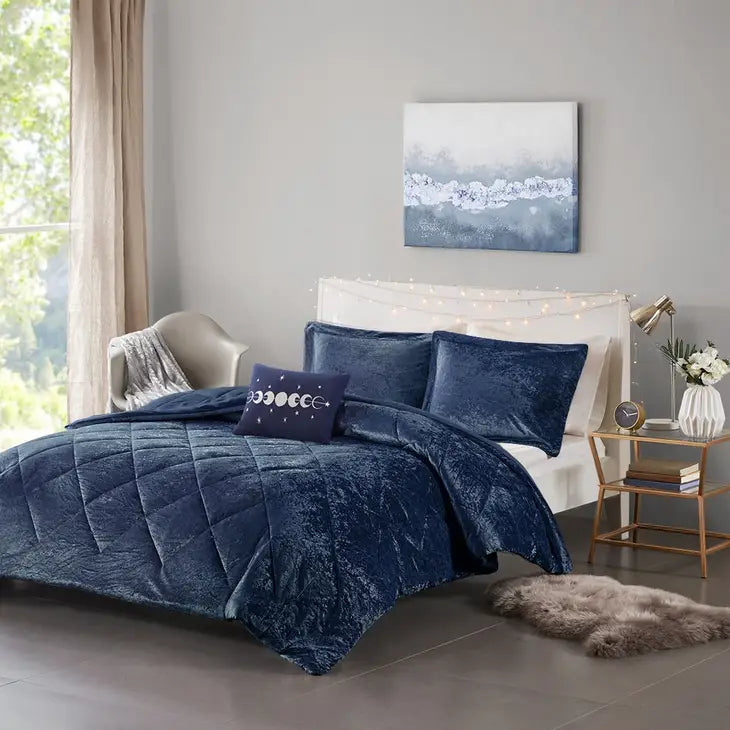 Crushed Velvet 4-Piece Comforter or Duvet Cover Set, Blue