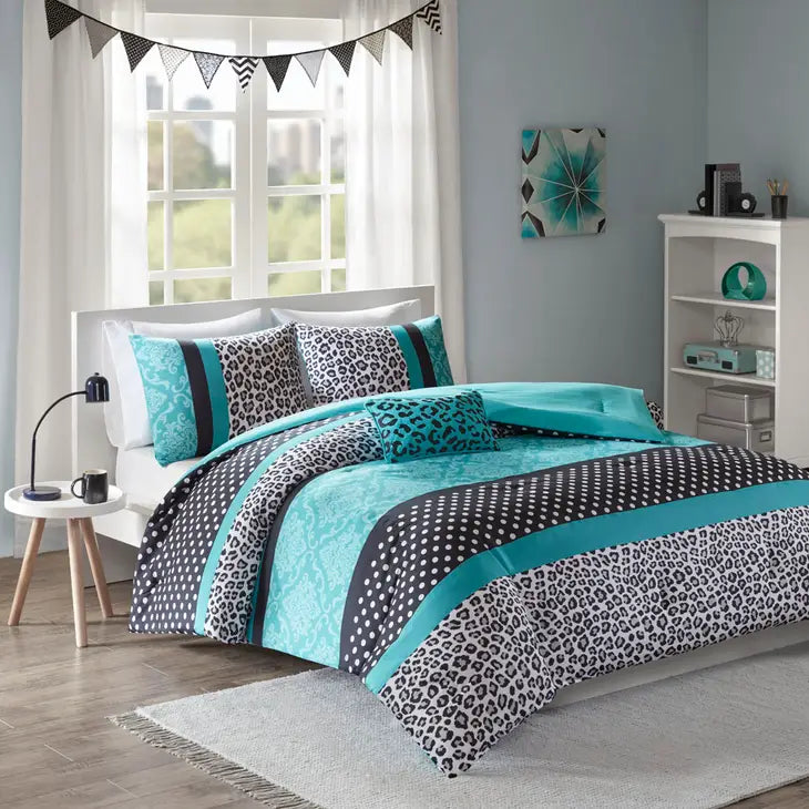 Leopard Damask 4-Piece Comforter Set, Teal Blue