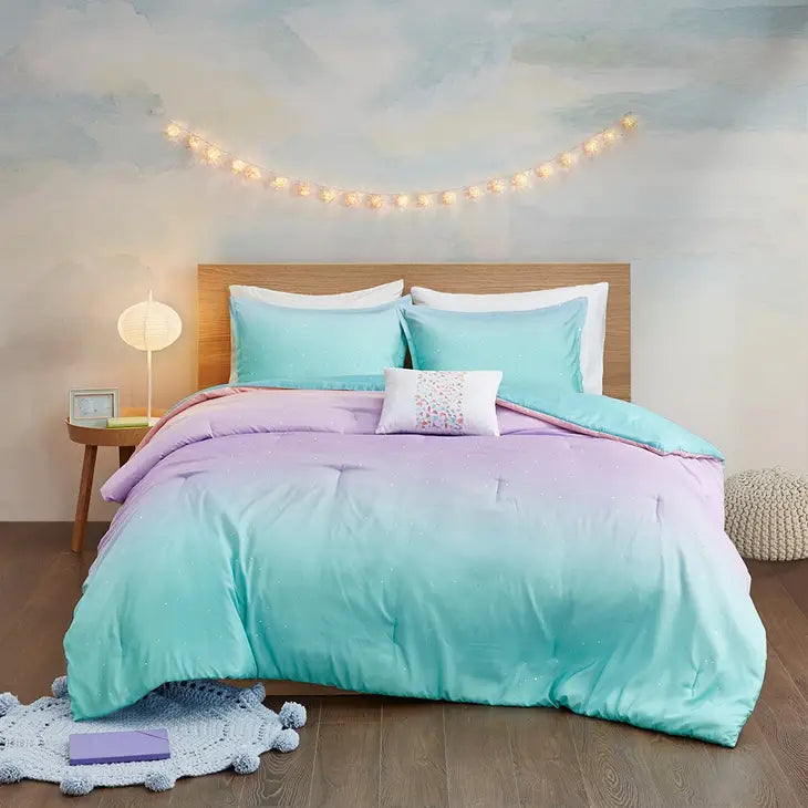 Glitter Ombre 4-Piece Comforter or Duvet Cover Set, Aqua