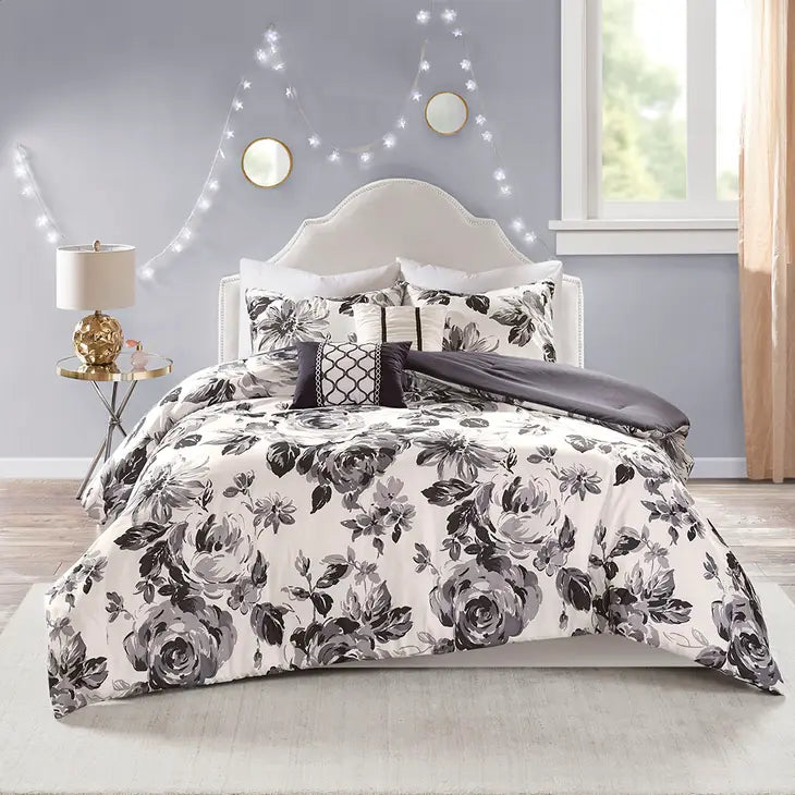 Black and White Floral Comforter/Duvet Cover Set