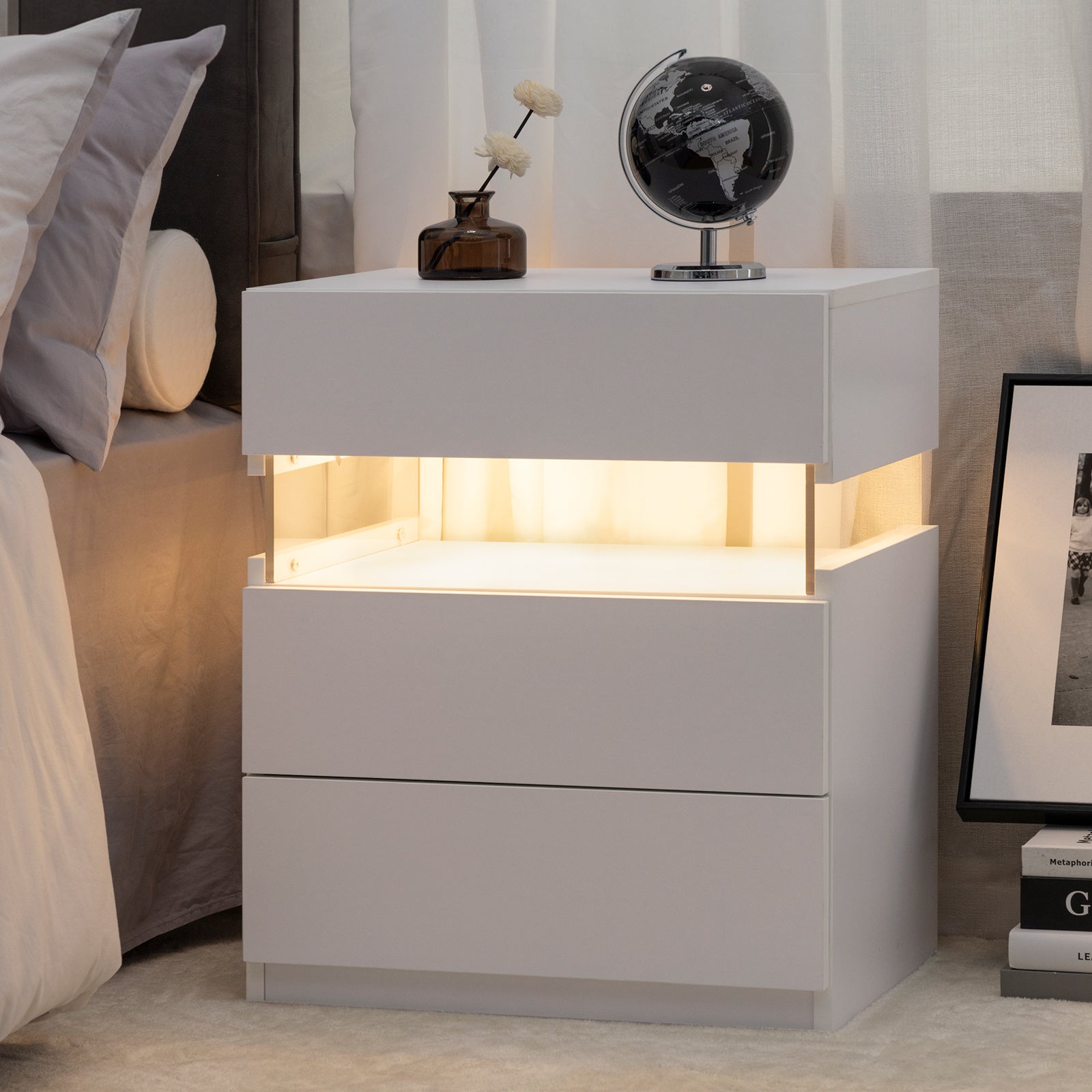 LED Nightstand 3 Drawer Dresser for Bedroom End Table with Acrylic (White)
