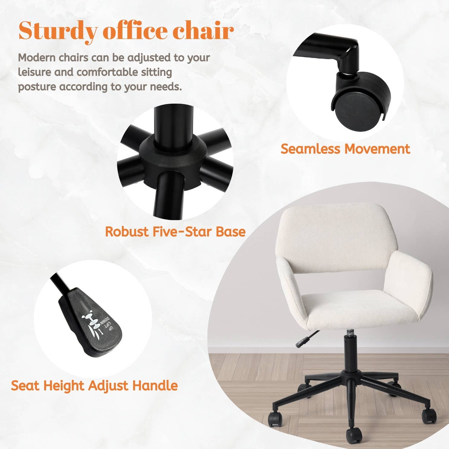 Adjustable Task Chair with Swivel Base Suede Brown/Beige