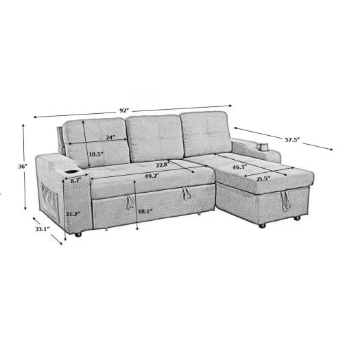 Convertible Sectional Sofa with Storage & Cup Holders