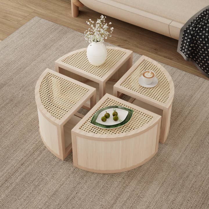 Round To Square Block Modular Coffee Table Light Natural Rattan with Storage 4 Piece Light Natural Rubber Wood