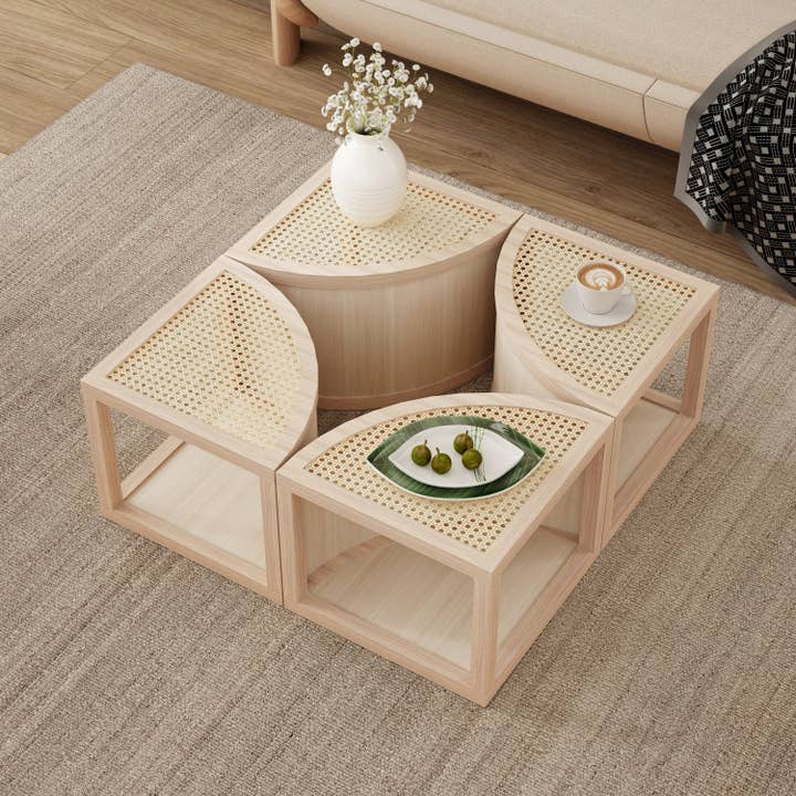 Round To Square Block Modular Coffee Table Light Natural Rattan with Storage 4 Piece Light Natural Rubber Wood