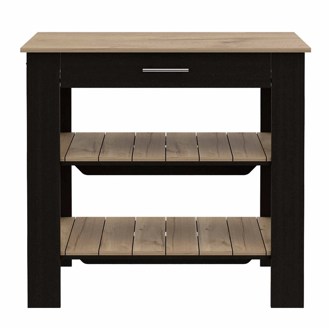 Light Oak and Black Kitchen Island with Two Open Shelves