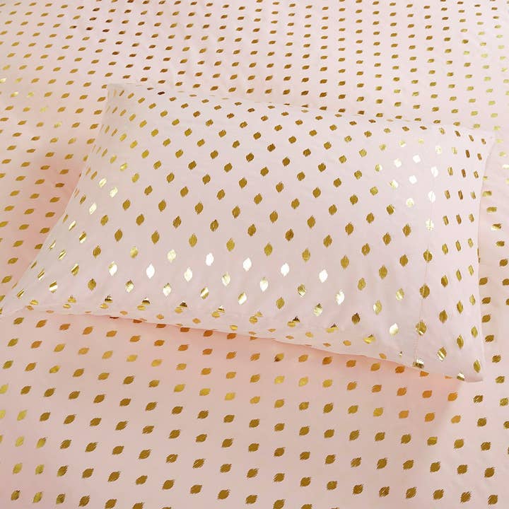 Metallic Dot 4-Piece Sheet Set, Pink Blush/Gold
