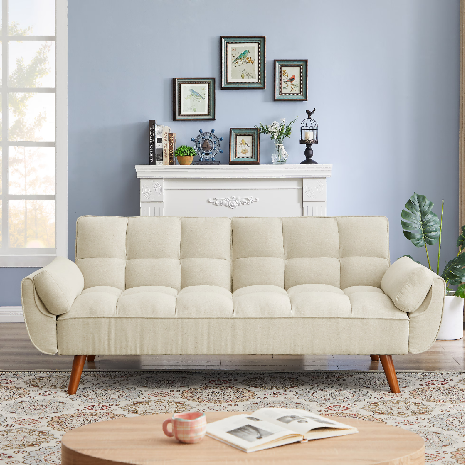 Homy Casa Linen Sofa, Solid Wood Frame