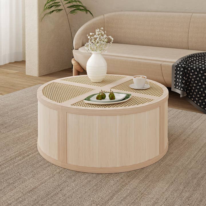 Round To Square Block Modular Coffee Table Light Natural Rattan with Storage 4 Piece Light Natural Rubber Wood