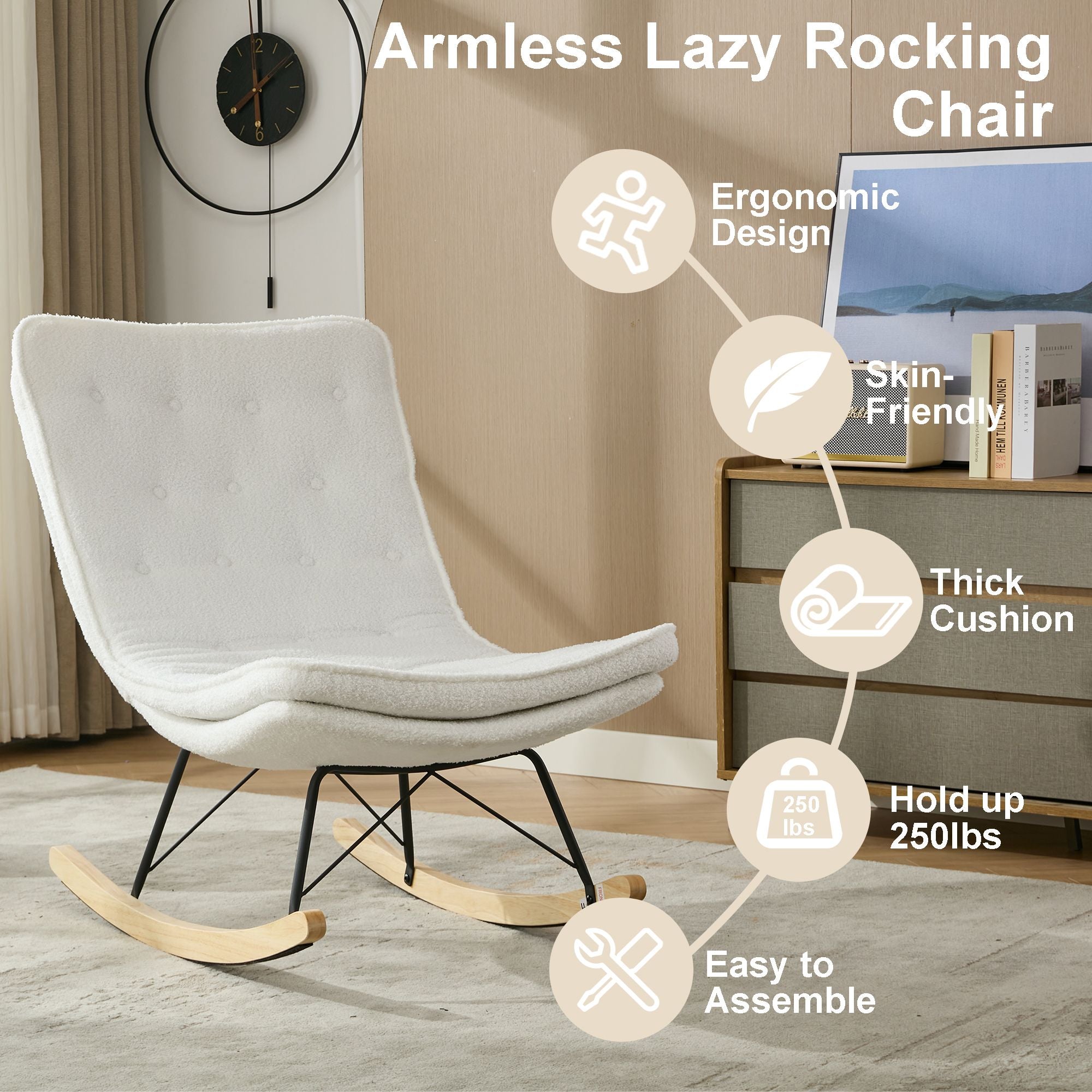 Armless Upholstered Lounge Chair with Wide Backrest and Wooden Rocking Base – Comfortable and Stylish
