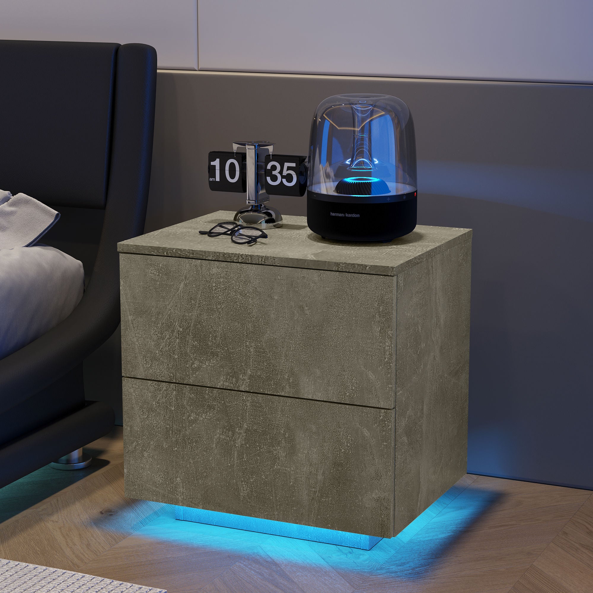 Nightstand with LED Strip Lights, Modern Bed Side Table with 2 Drawers, Grey