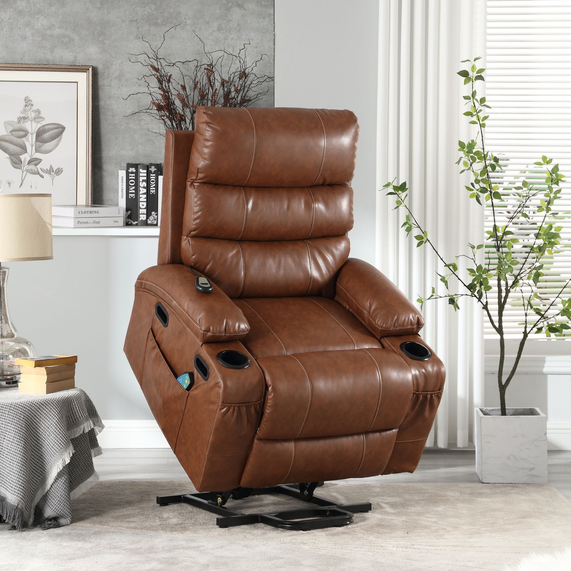 21" Wide Electric Lift Recliner for Elderly, Massage, Heat, Remote, Cup Holders, and Side Pockets