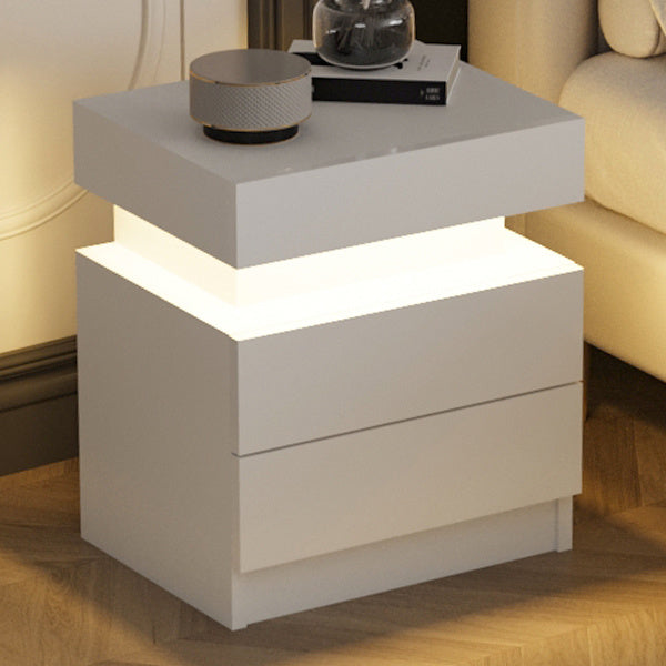 Modern White Nightstand with LED Light 2 Drawers Flipping Top Storage