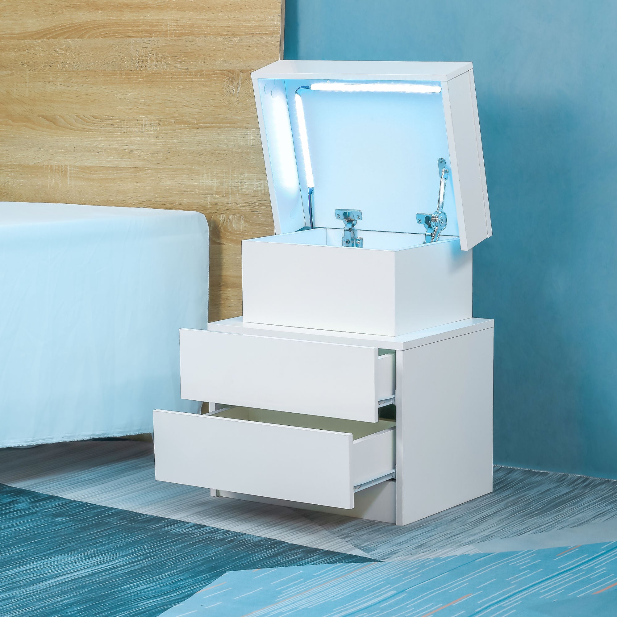 Modern LED Nightstand with 2 High Gloss Drawers and RGB Lights – White