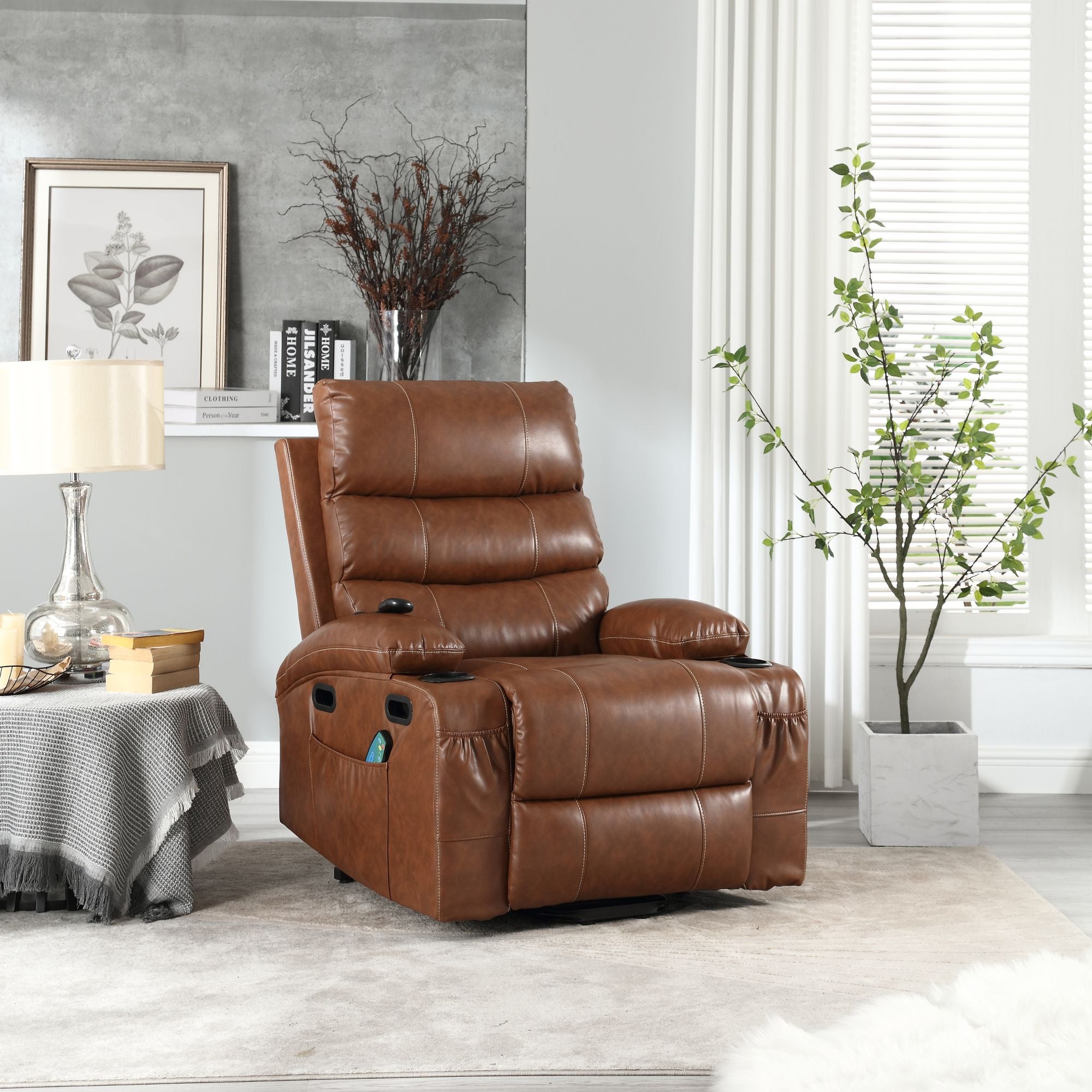 21" Wide Electric Lift Recliner for Elderly, Massage, Heat, Remote, Cup Holders, and Side Pockets