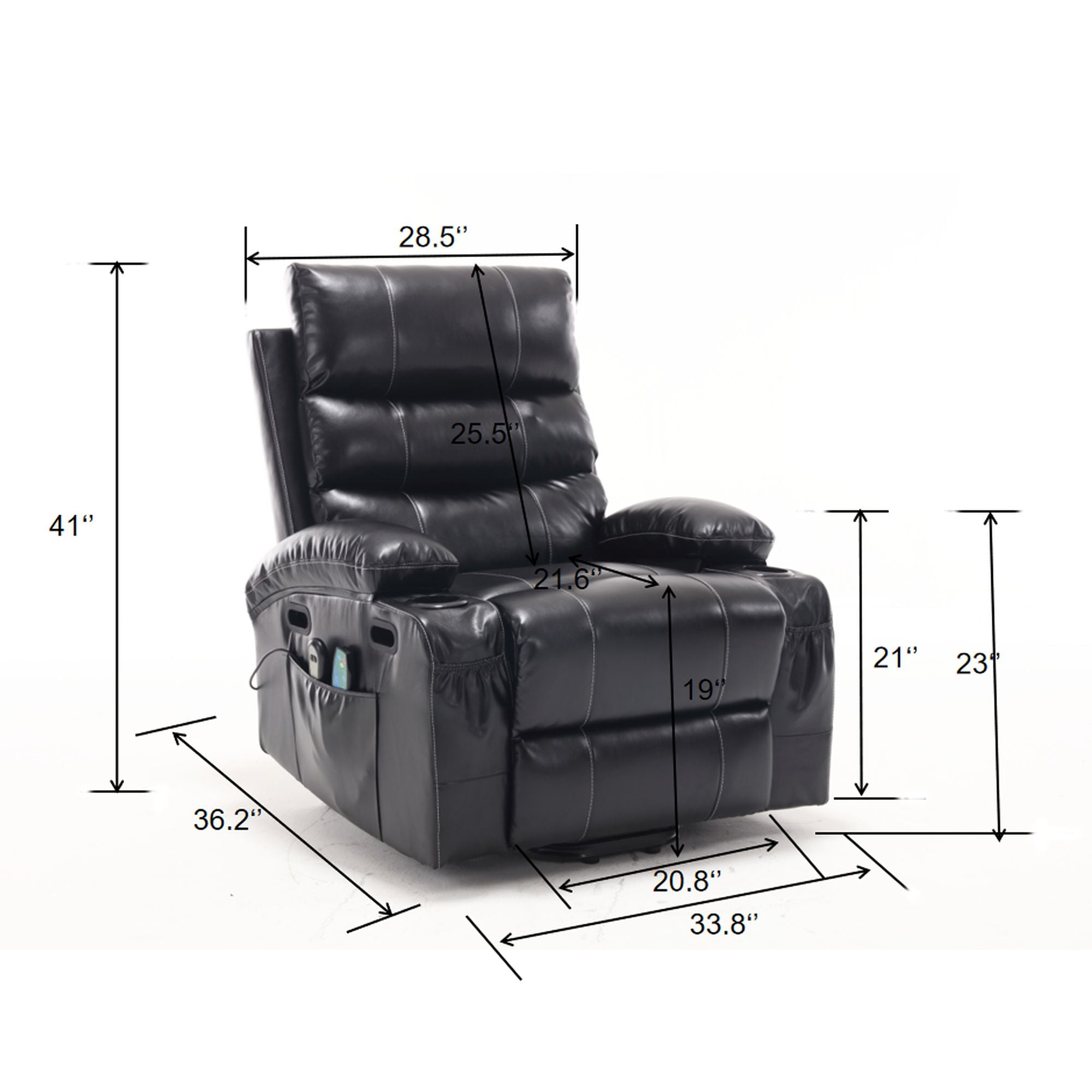 21" Wide Electric Lift Recliner for Elderly, Massage, Heat, Remote, Cup Holders, and Side Pockets