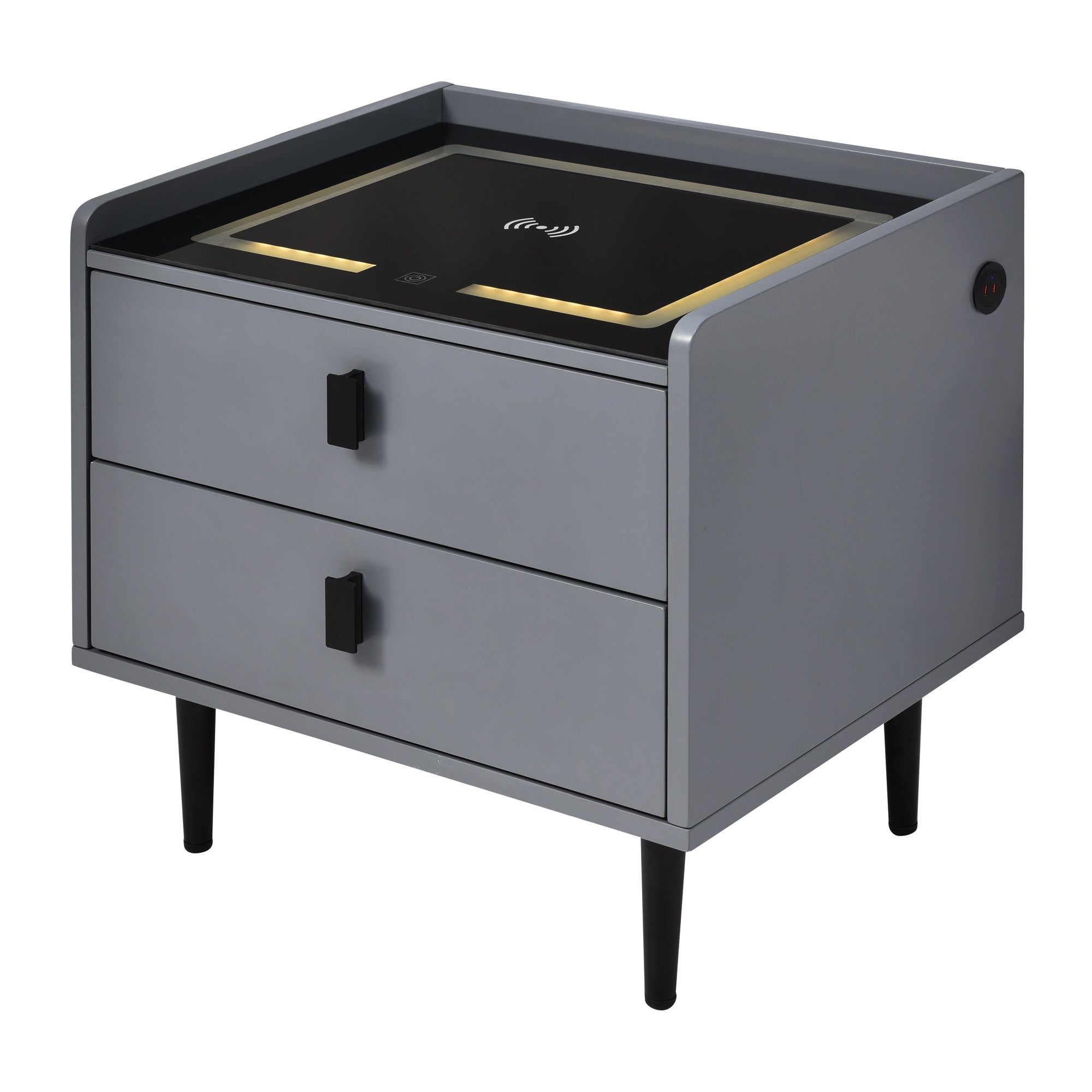 Nightstand with Wireless Charging Station,USB Charging and Adjustable LED Lights, Modern End Table with 2 Drawers for Bedroom,Gray
