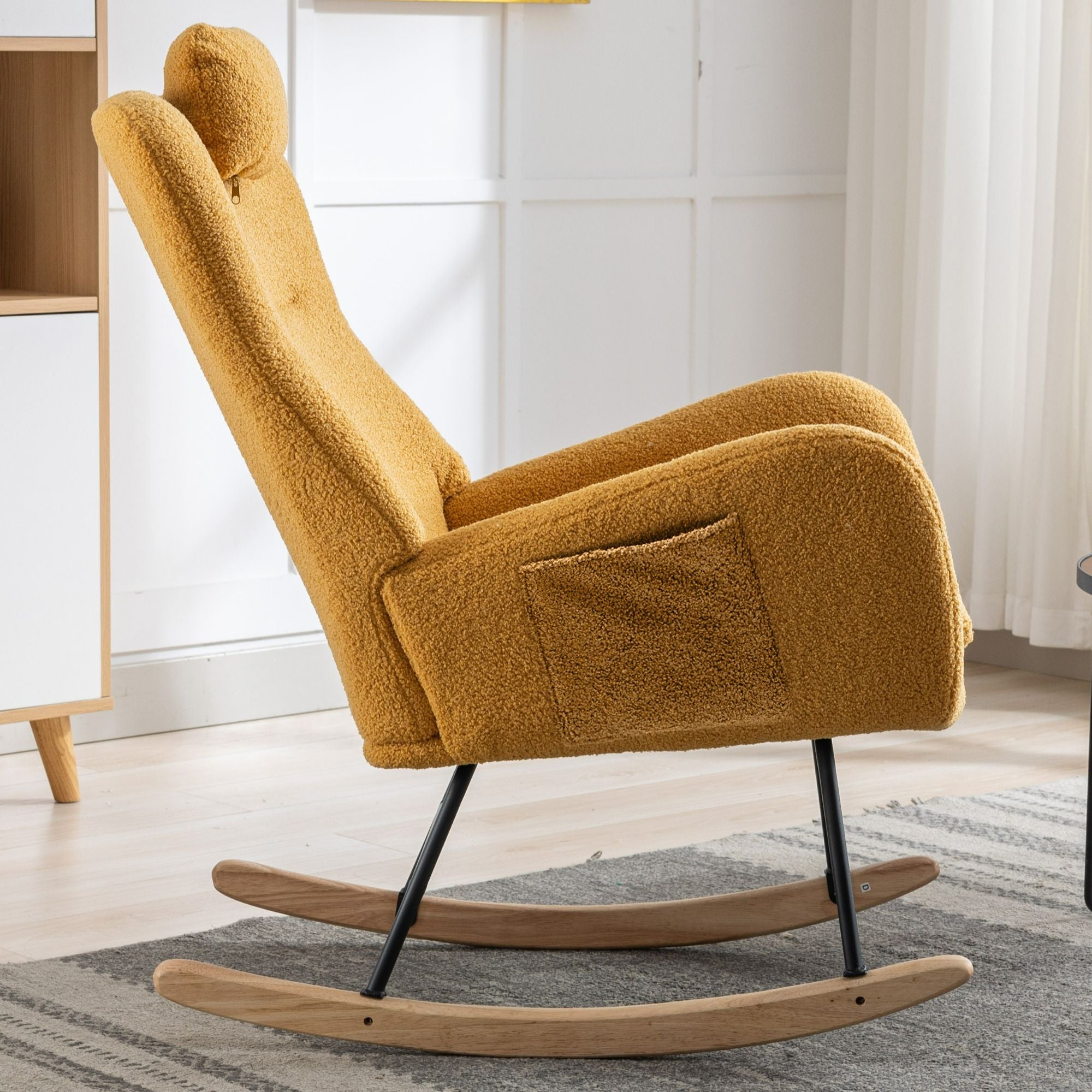 35.5-Inch Teddy Fabric Rocking Chair with Pocket – Safe Solid Wood Base