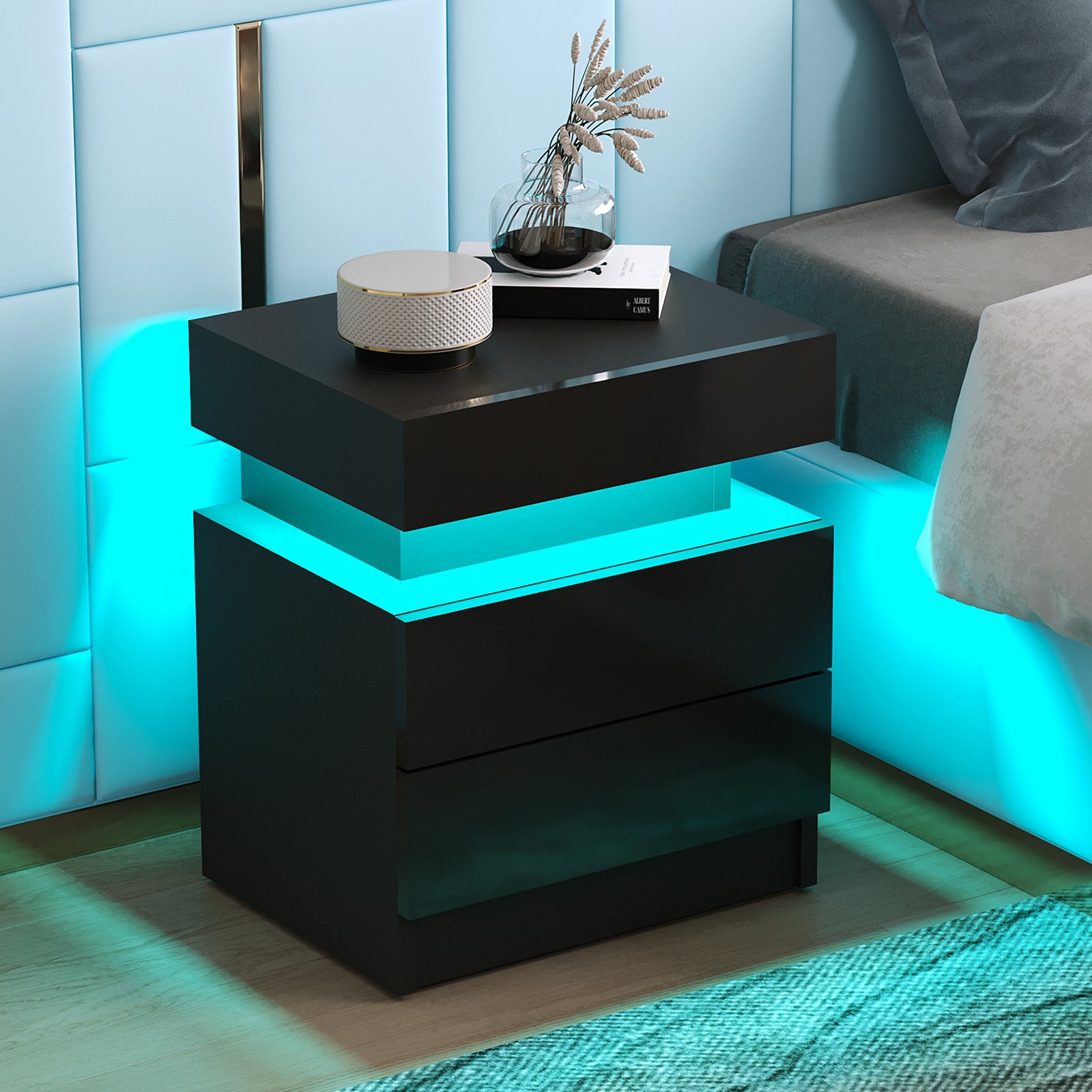 Modern Wood Black Nightstand for Bedroom Furniture with LED Light 2 Drawers Flipping Top Storage Bedside Table