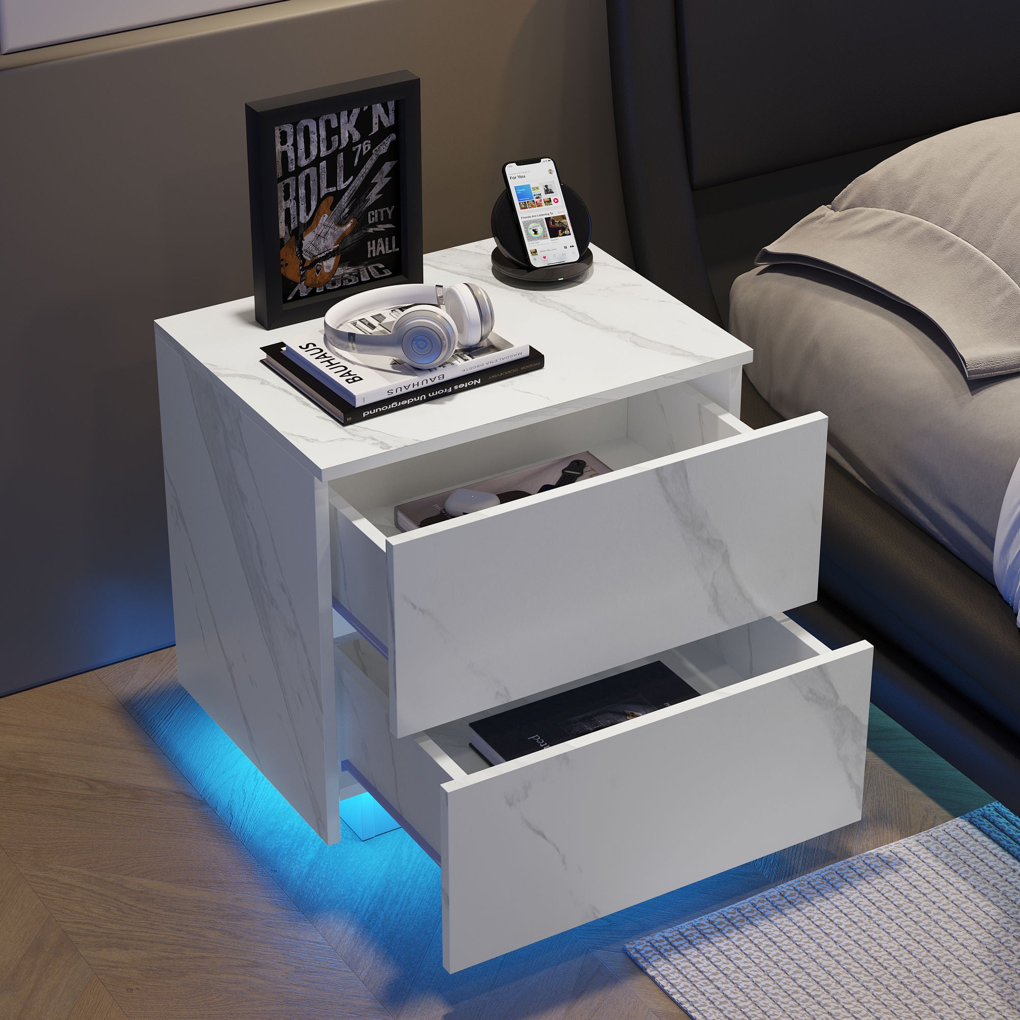 Nightstands LED Side Tables Bedroom Modern End Tables with 2 Drawers, White