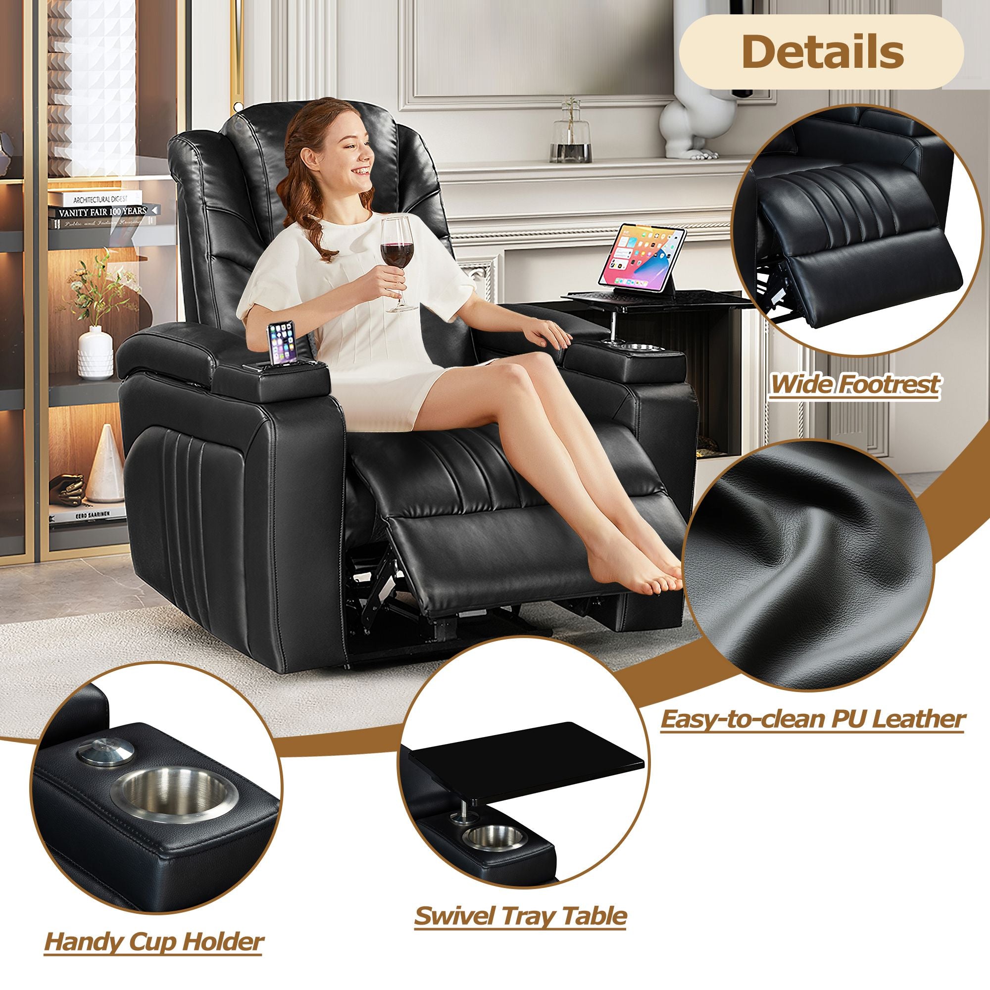 PU Leather Power Recliner with Adjustable Headrest, Wireless Charging, USB, Storage, Cup Holder & Tray