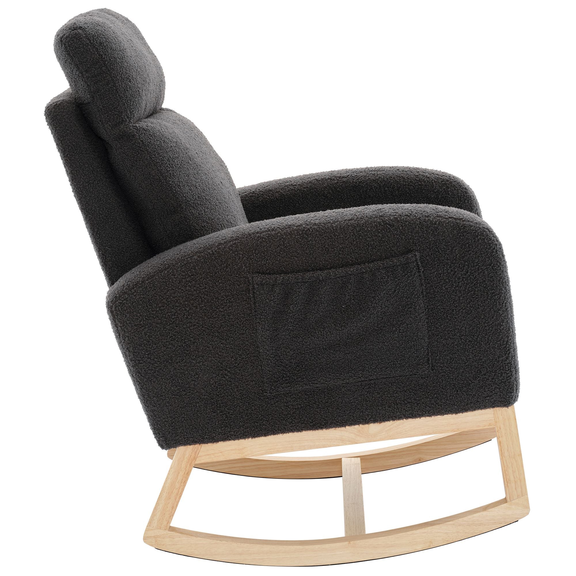 Modern Upholstered Rocking Chair with Solid Wood Legs, High Backrest, Side Pocket, and Comfy Armrests – Nursery Glider and Living Room Accent Chair