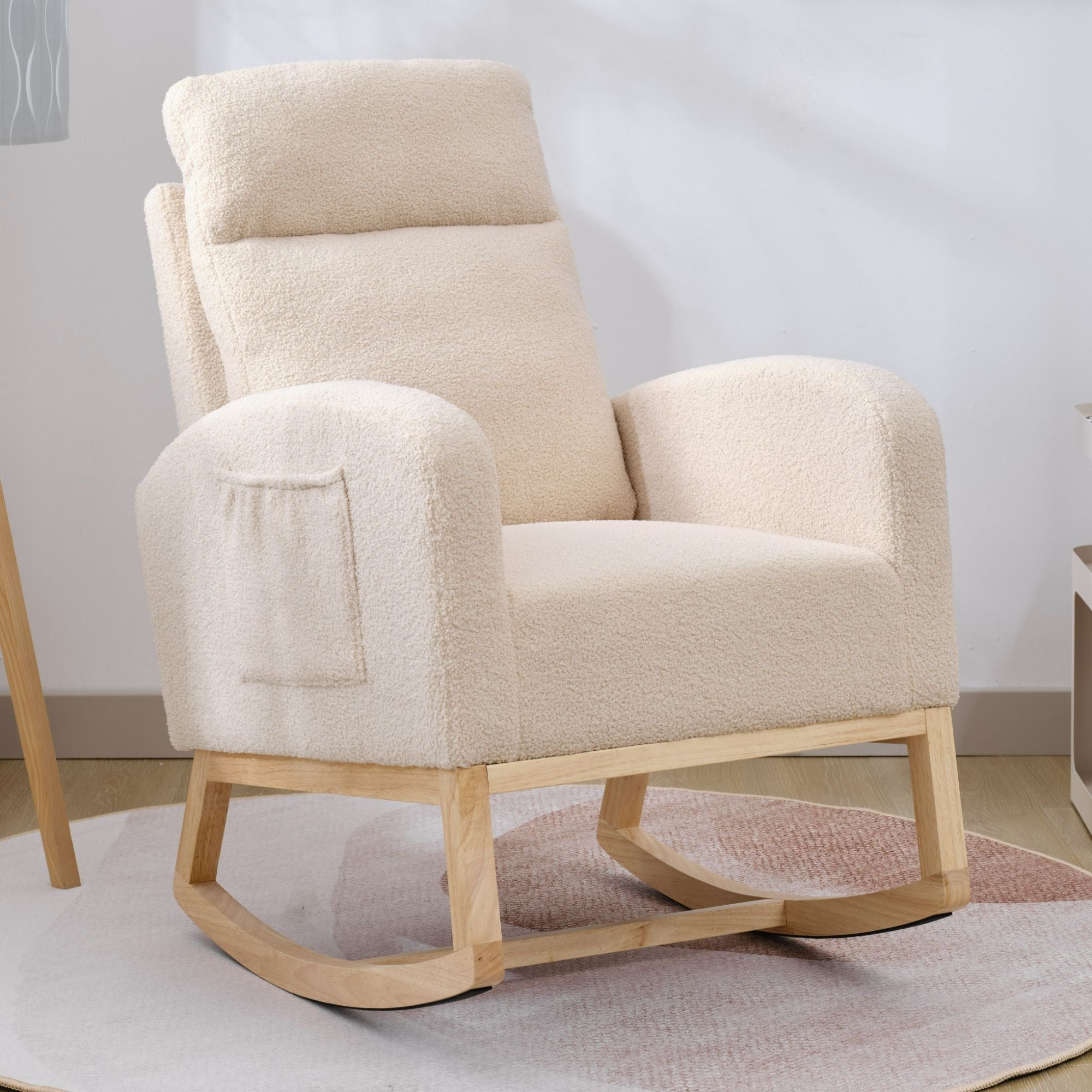 Modern Upholstered Rocking Chair with Solid Wood Legs, High Backrest, Side Pocket, and Comfy Armrests – Nursery Glider and Living Room Accent Chair