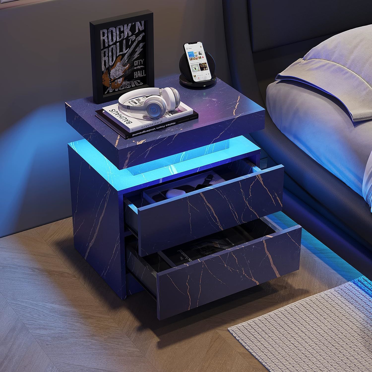 Nightstand LED Bedside Table Cabinet Lights Modern End Side with 2 Drawers for Bedroom (Blue Gold)