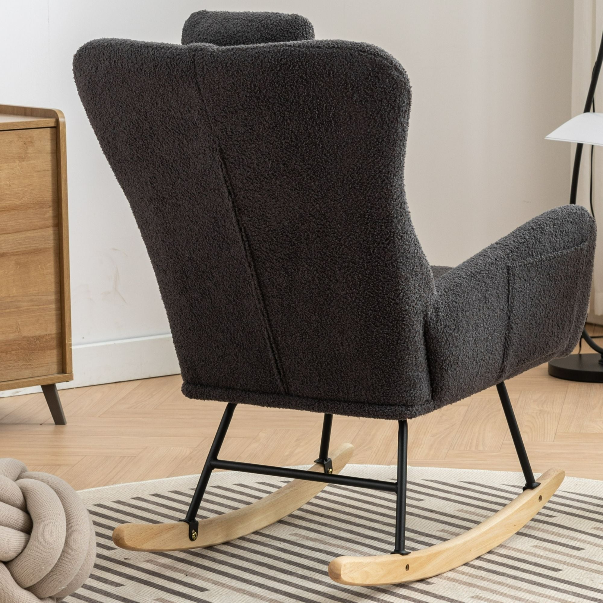 35.5-Inch Teddy Fabric Rocking Chair with Pocket – Safe Solid Wood Base