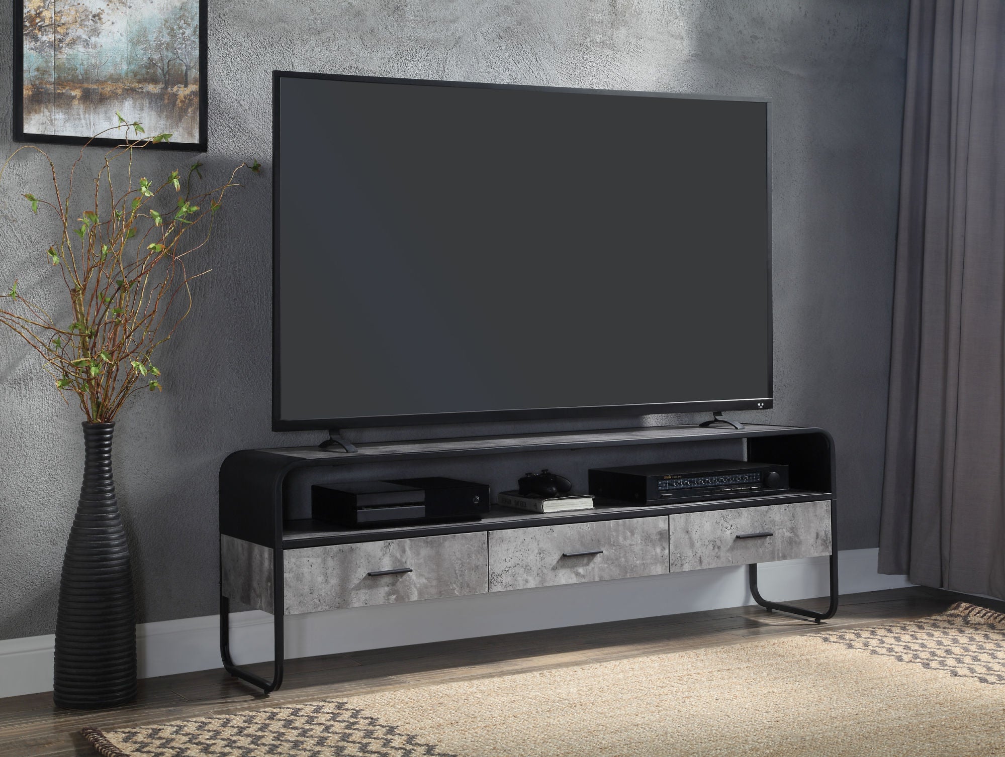 ACME Raziela TV Stand, Concrete Gray & Black Finish LV01142