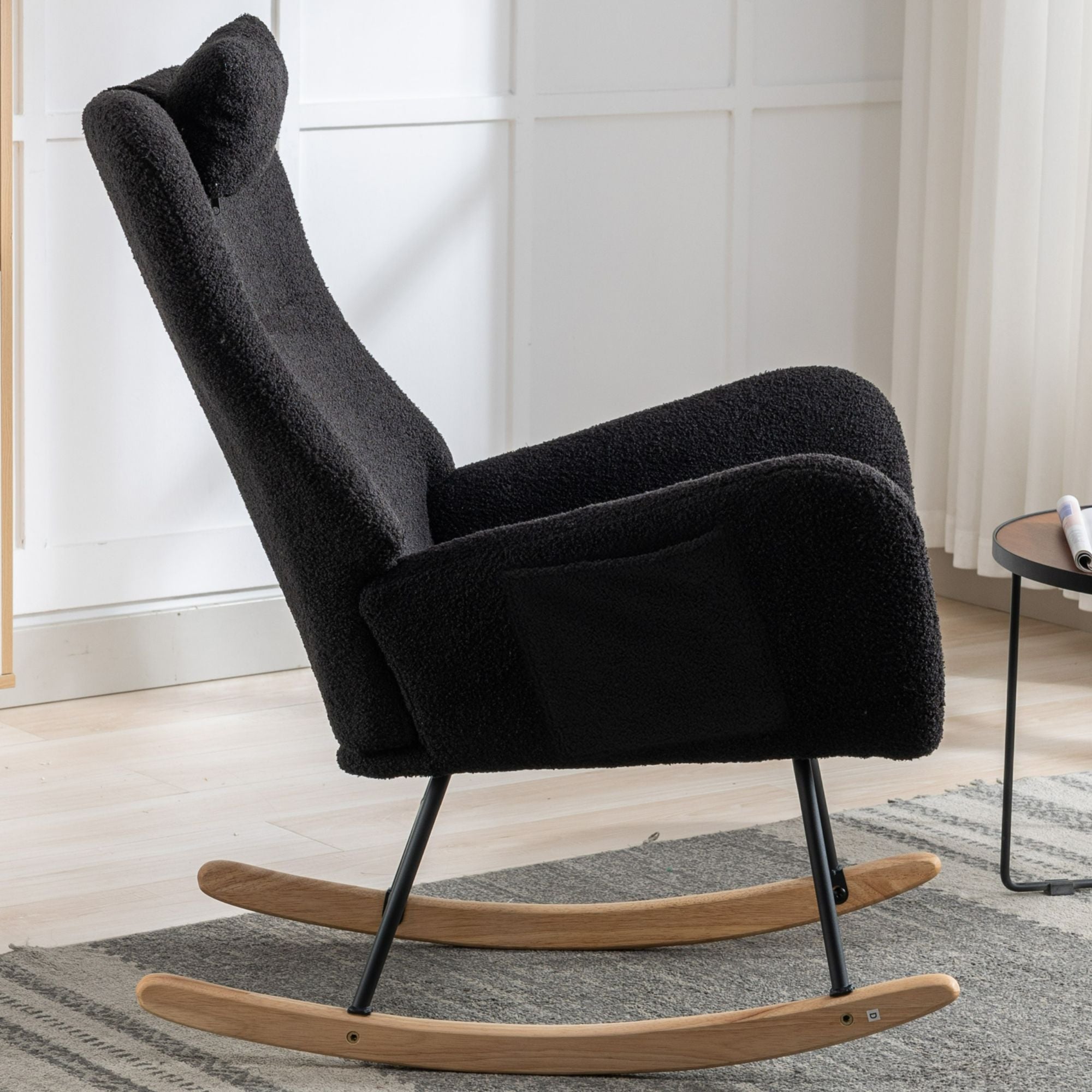 35.5-Inch Teddy Fabric Rocking Chair with Pocket – Safe Solid Wood Base