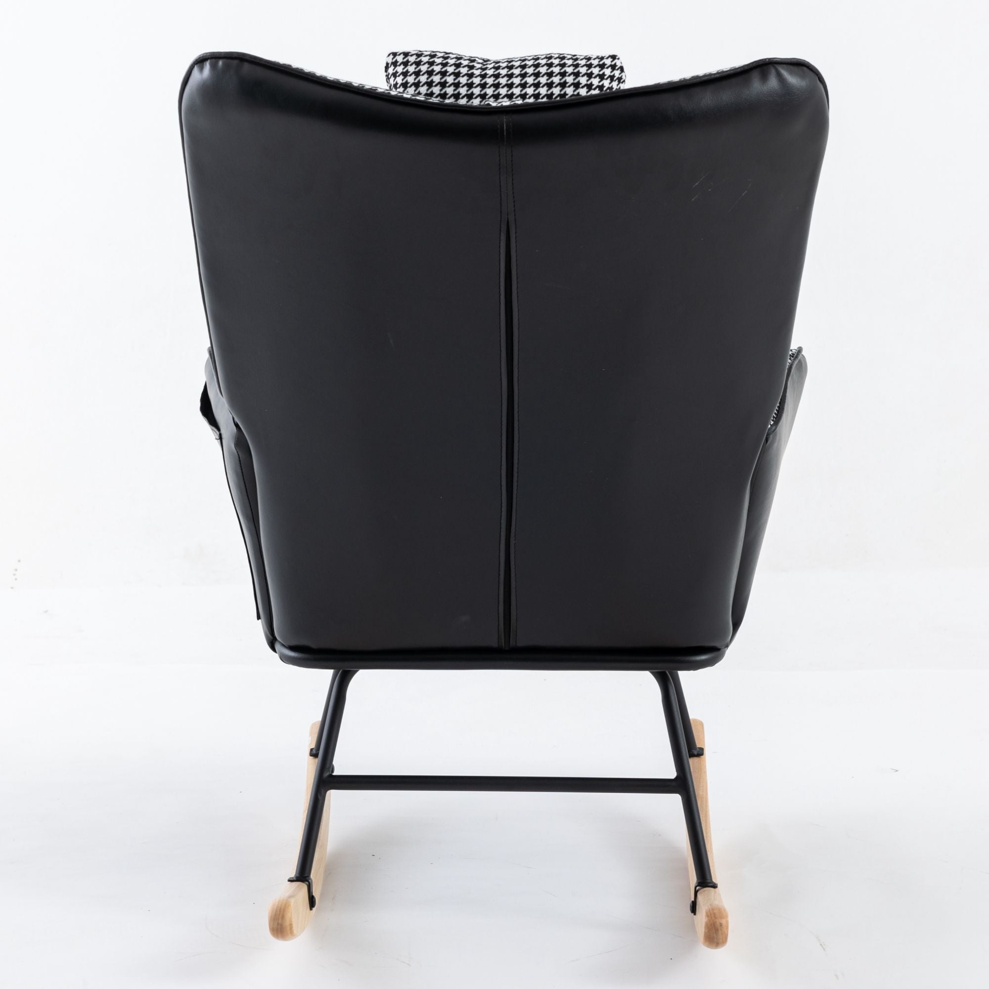35.5-Inch Rocking Chair, Cozy Reading Chair with Houndstooth and Leather Upholstery, Comfortable Wingback Glider for Nursery, Living Room, Bedroom, or Balcony