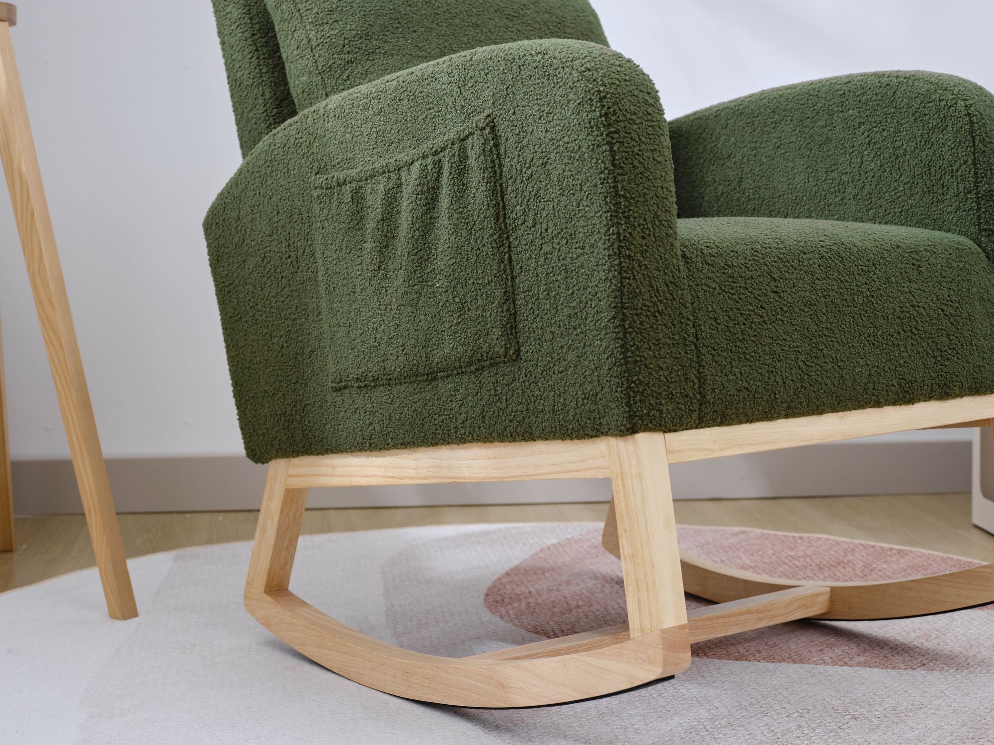 Modern Upholstered Rocking Chair with Solid Wood Legs, High Backrest, Side Pocket, and Comfy Armrests – Nursery Glider and Living Room Accent Chair