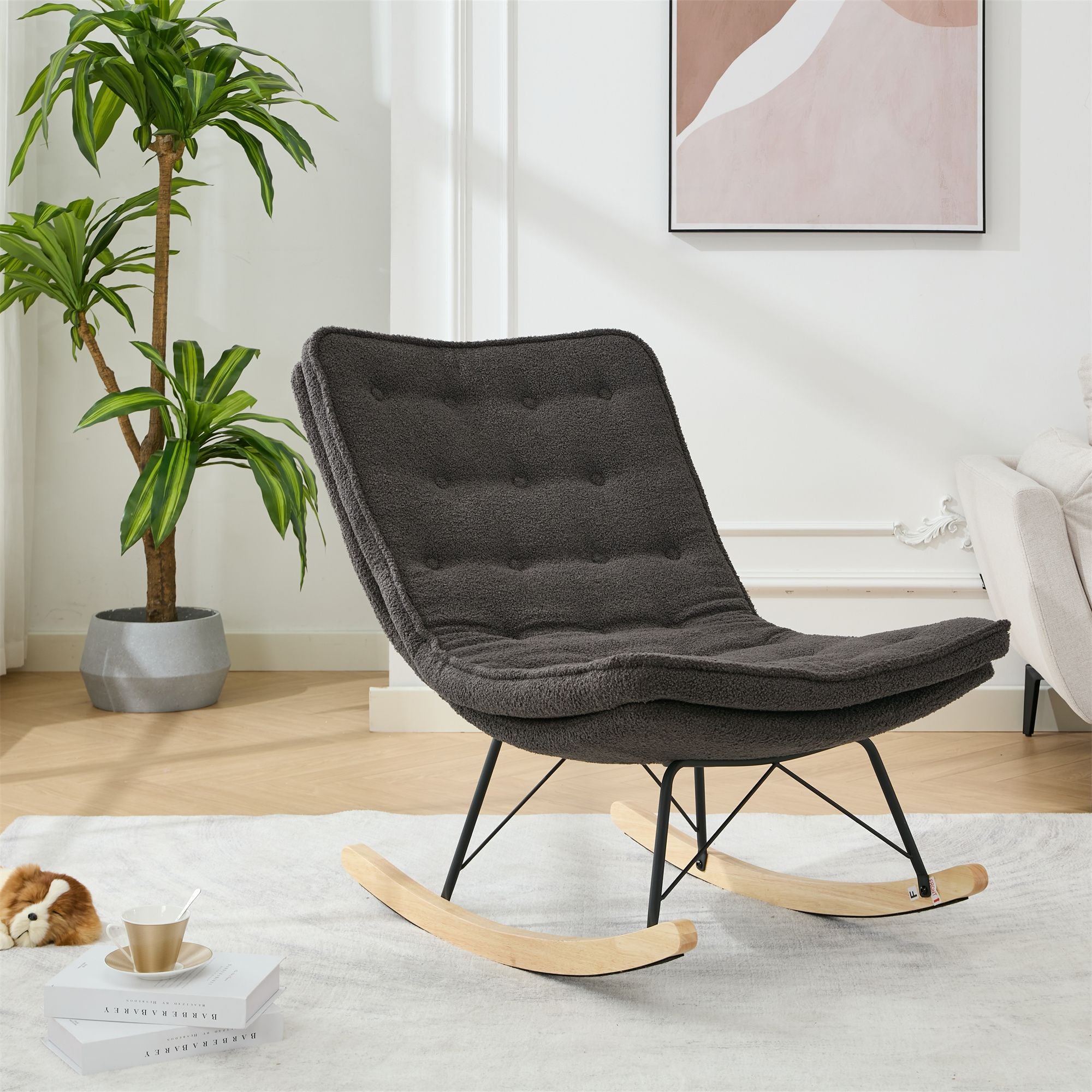 Armless Upholstered Lounge Chair with Wide Backrest and Wooden Rocking Base – Comfortable and Stylish
