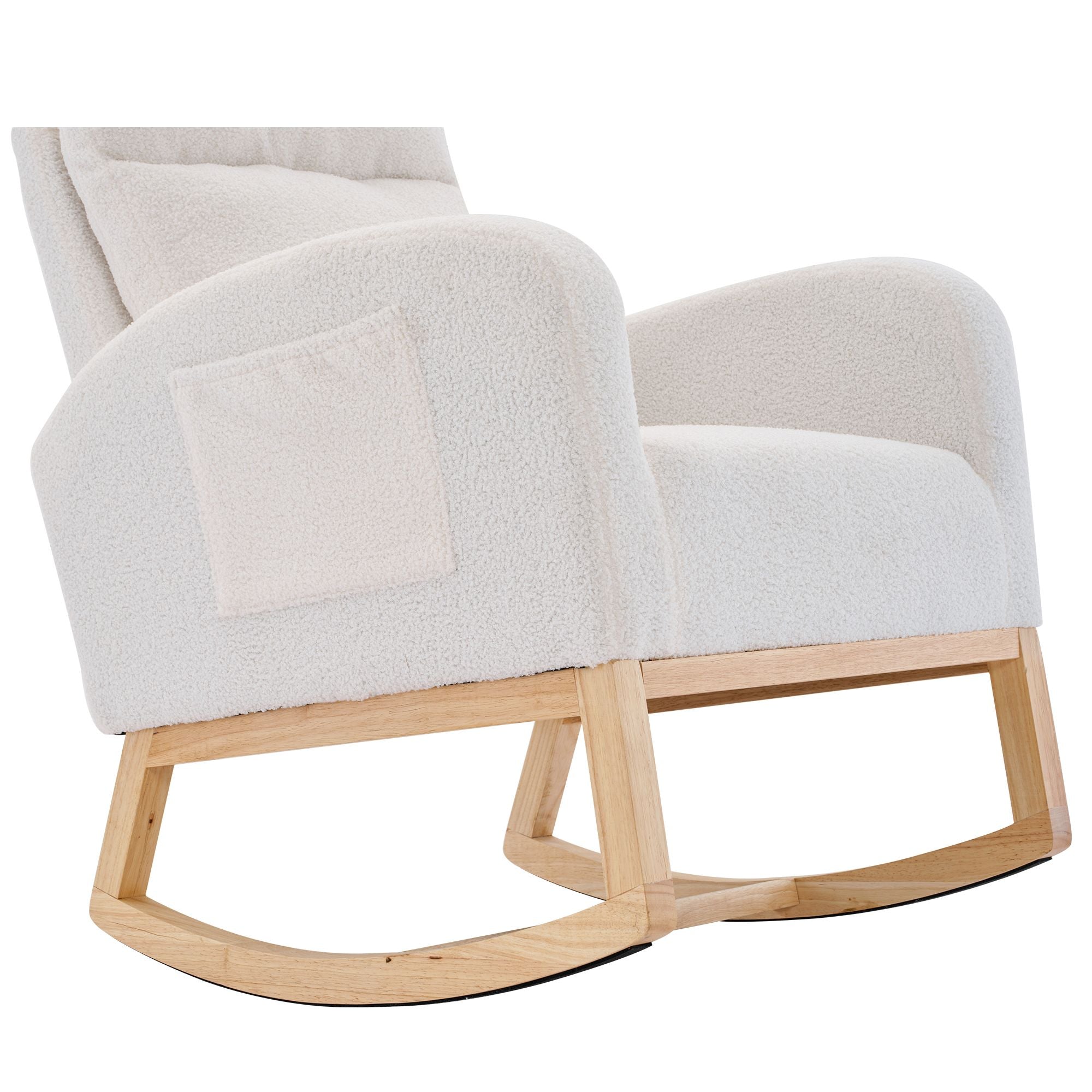 Modern Upholstered Rocking Chair with Solid Wood Legs, High Backrest, Side Pocket, and Comfy Armrests – Nursery Glider and Living Room Accent Chair