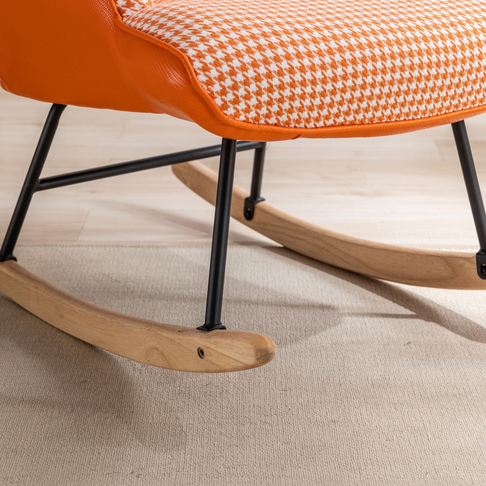 35.5-Inch Rocking Chair, Cozy Reading Chair with Houndstooth and Leather Upholstery, Comfortable Wingback Glider for Nursery, Living Room, Bedroom, or Balcony