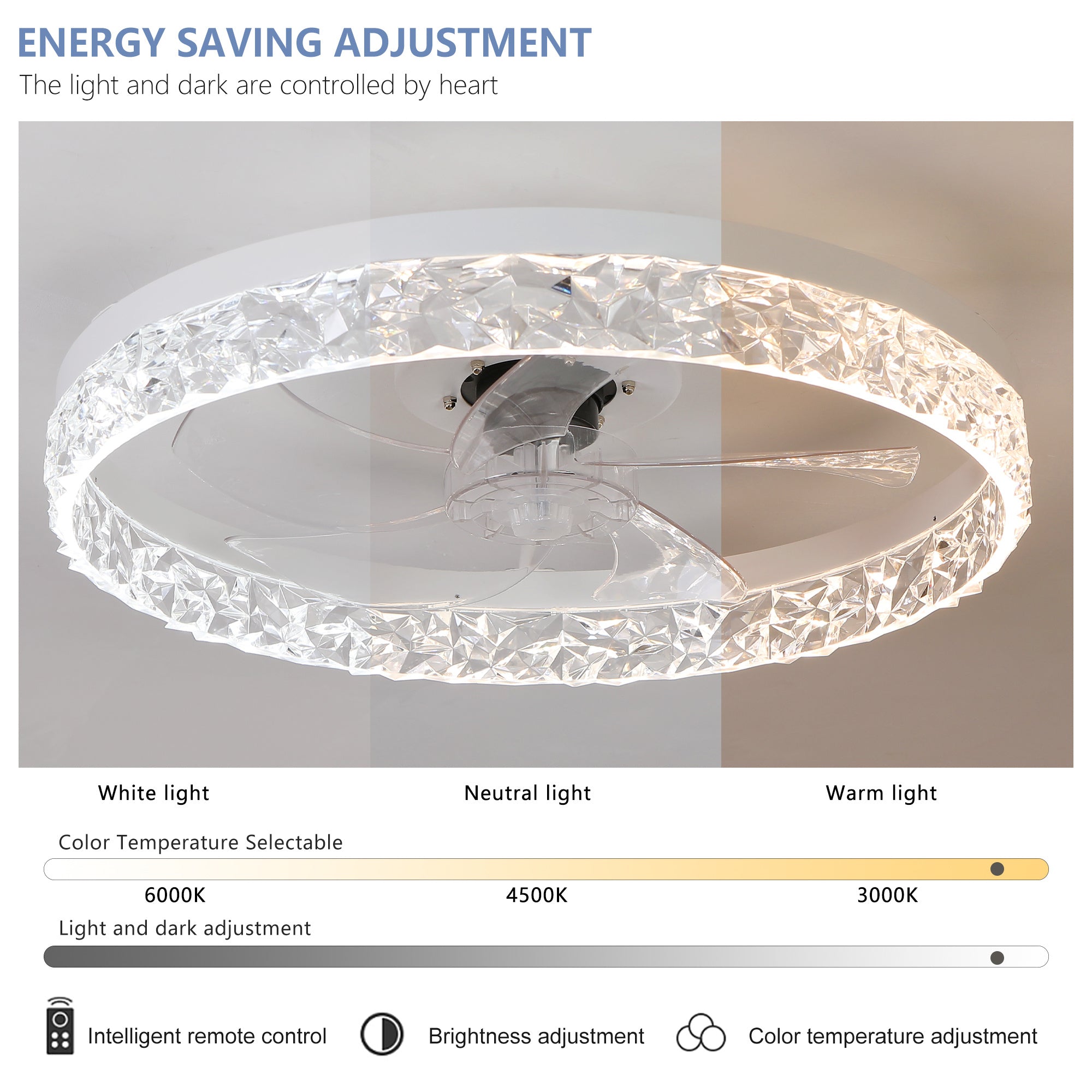 Modern Acrylic Ceiling Fan Light with Remote Control, Dimmable LED Chandelier, 6-Speed Adjustable, Quiet Motor, Flush Mount Design for Living Room, Bedroom, Dining Room